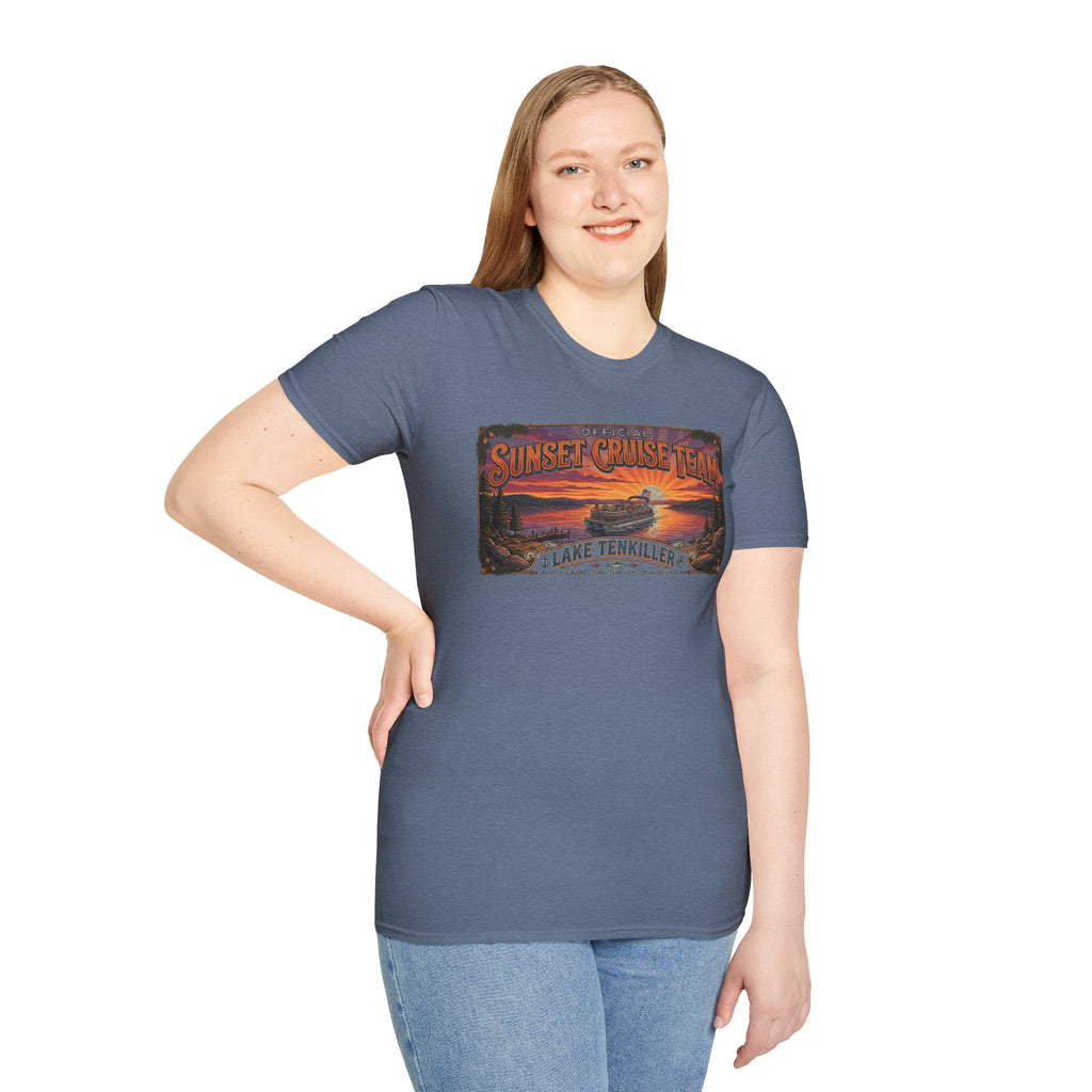 Sunset Cruise Team Lake Tenkiller T-Shirt — Retro Lake Sunset Boat Tee