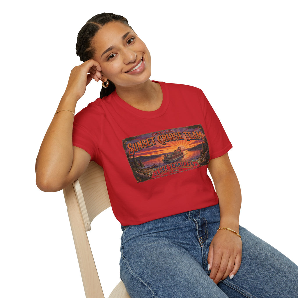 Sunset Cruise Team Lake Tenkiller T-Shirt — Retro Lake Sunset Boat Tee