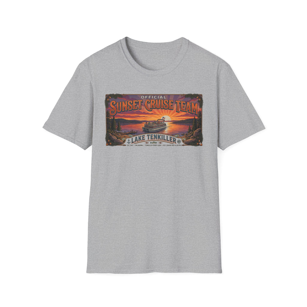 Sunset Cruise Team Lake Tenkiller T-Shirt — Retro Lake Sunset Boat Tee