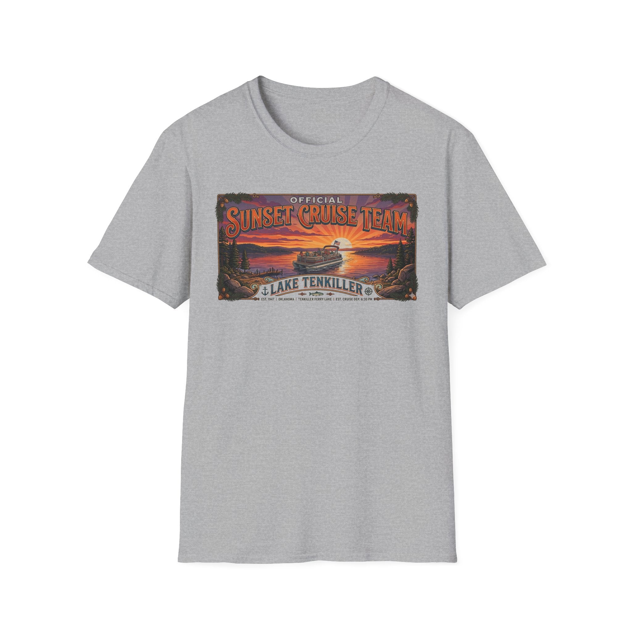 Sunset Cruise Team Lake Tenkiller T-Shirt — Retro Lake Sunset Boat Tee