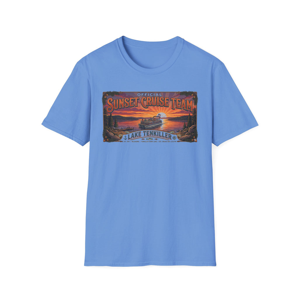 Sunset Cruise Team Lake Tenkiller T-Shirt — Retro Lake Sunset Boat Tee