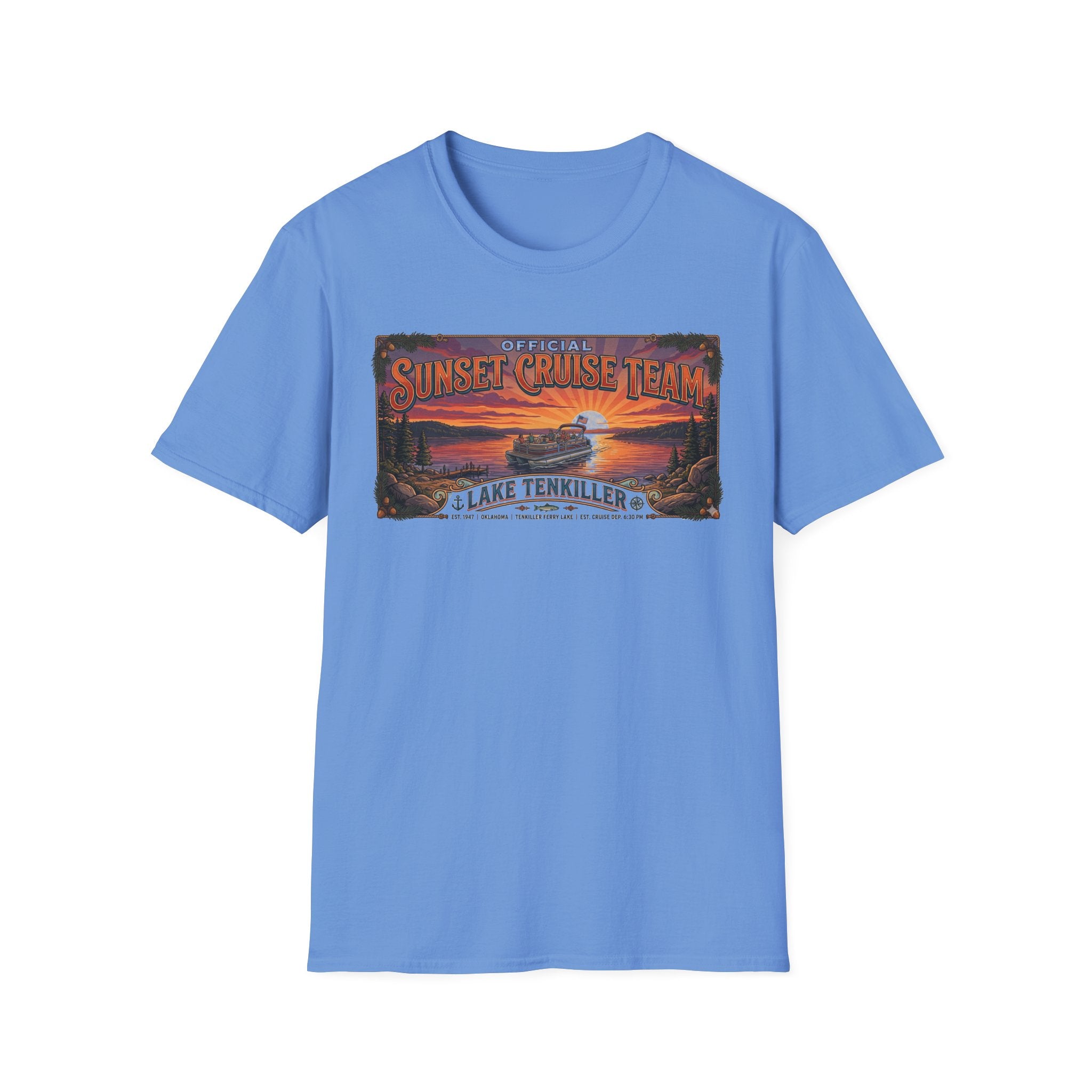 Sunset Cruise Team Lake Tenkiller T-Shirt — Retro Lake Sunset Boat Tee