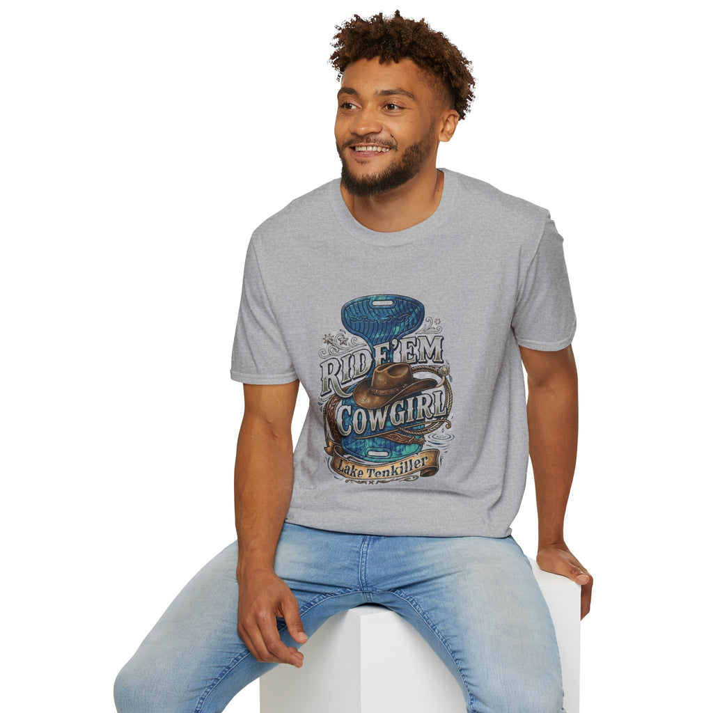 Cowgirl 'Ride 'Em' Water Saddle Graphic T-Shirt — Western Rodeo Cowboy Hat Design