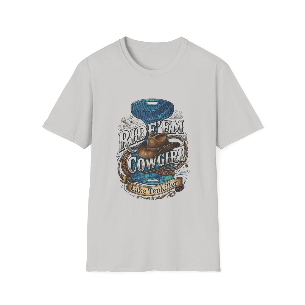 Cowgirl 'Ride 'Em' Water Saddle Graphic T-Shirt — Western Rodeo Cowboy Hat Design
