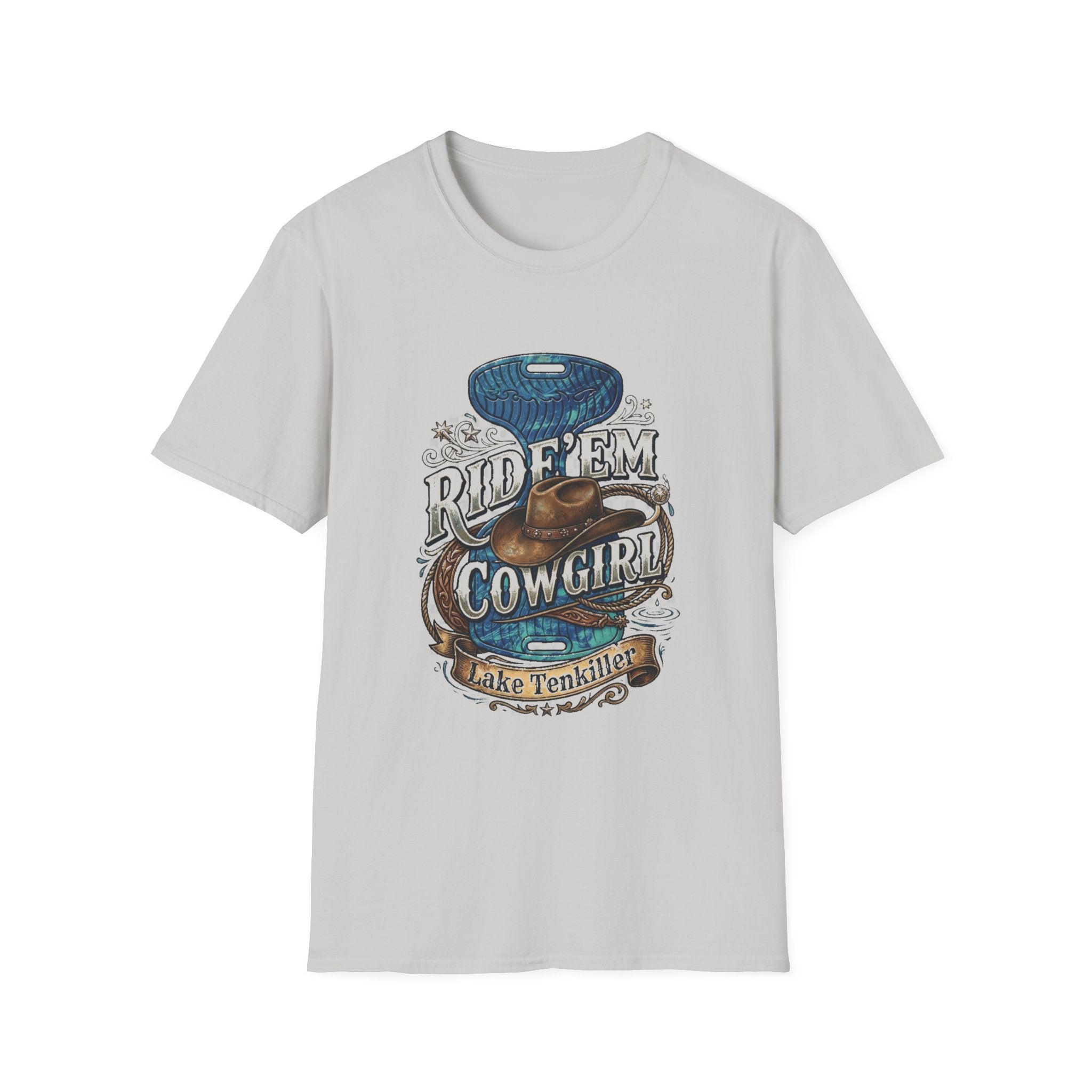 Cowgirl 'Ride 'Em' Water Saddle Graphic T-Shirt — Western Rodeo Cowboy Hat Design