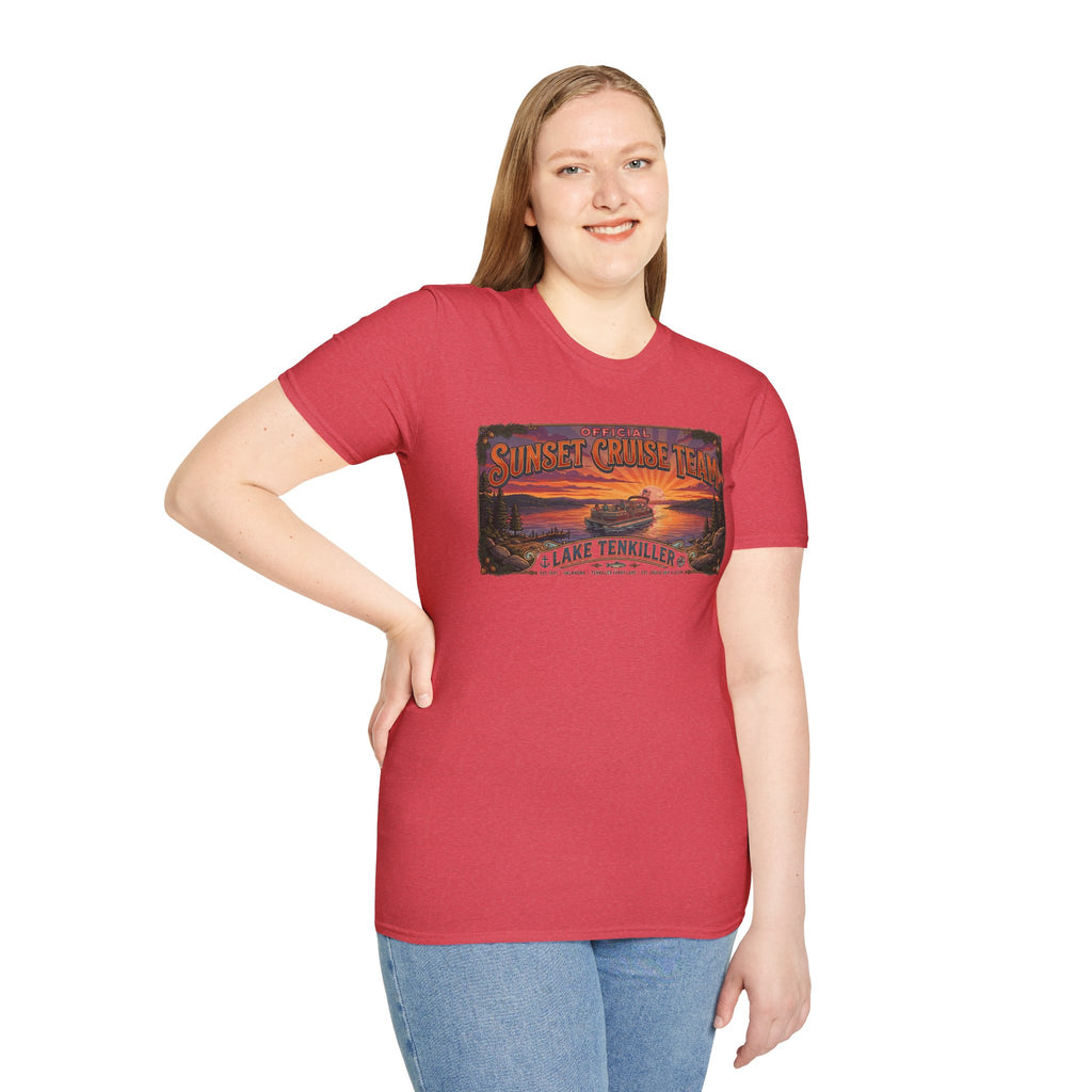 Sunset Cruise Team Lake Tenkiller T-Shirt — Retro Lake Sunset Boat Tee