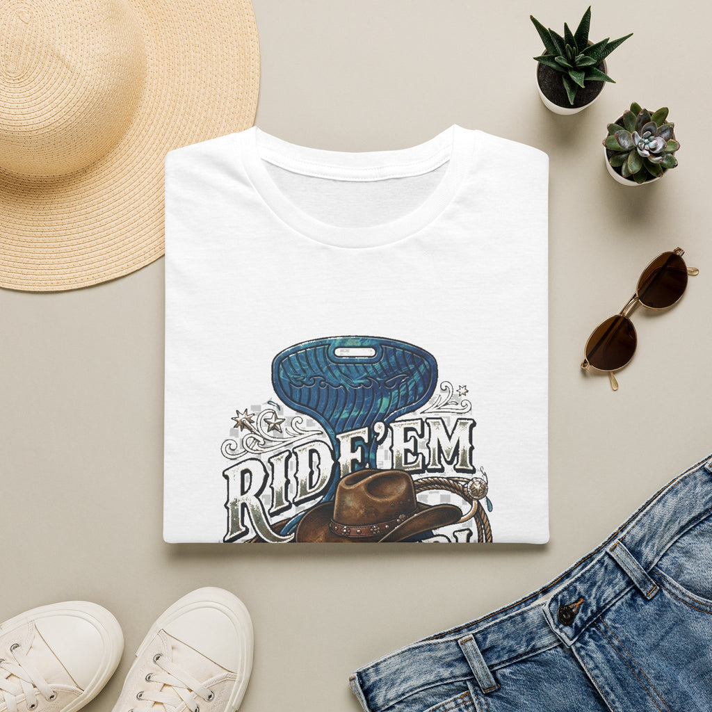 Cowgirl 'Ride 'Em' Water Saddle Graphic T-Shirt — Western Rodeo Cowboy Hat Design