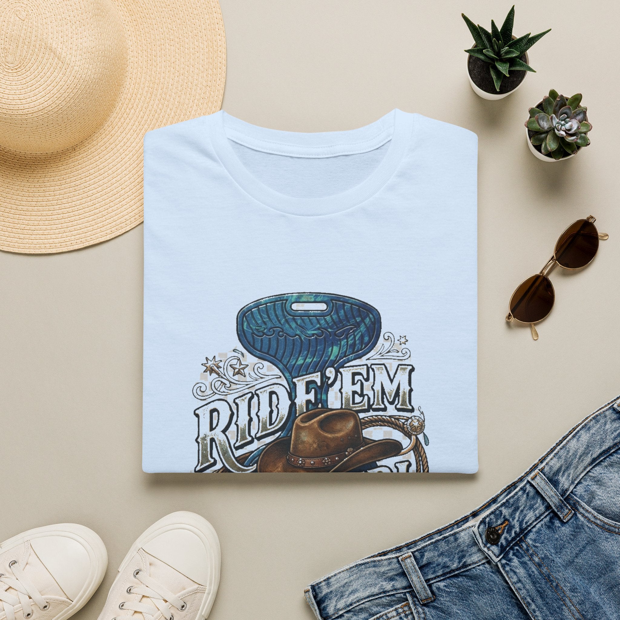 Cowgirl 'Ride 'Em' Water Saddle Graphic T-Shirt — Western Rodeo Cowboy Hat Design