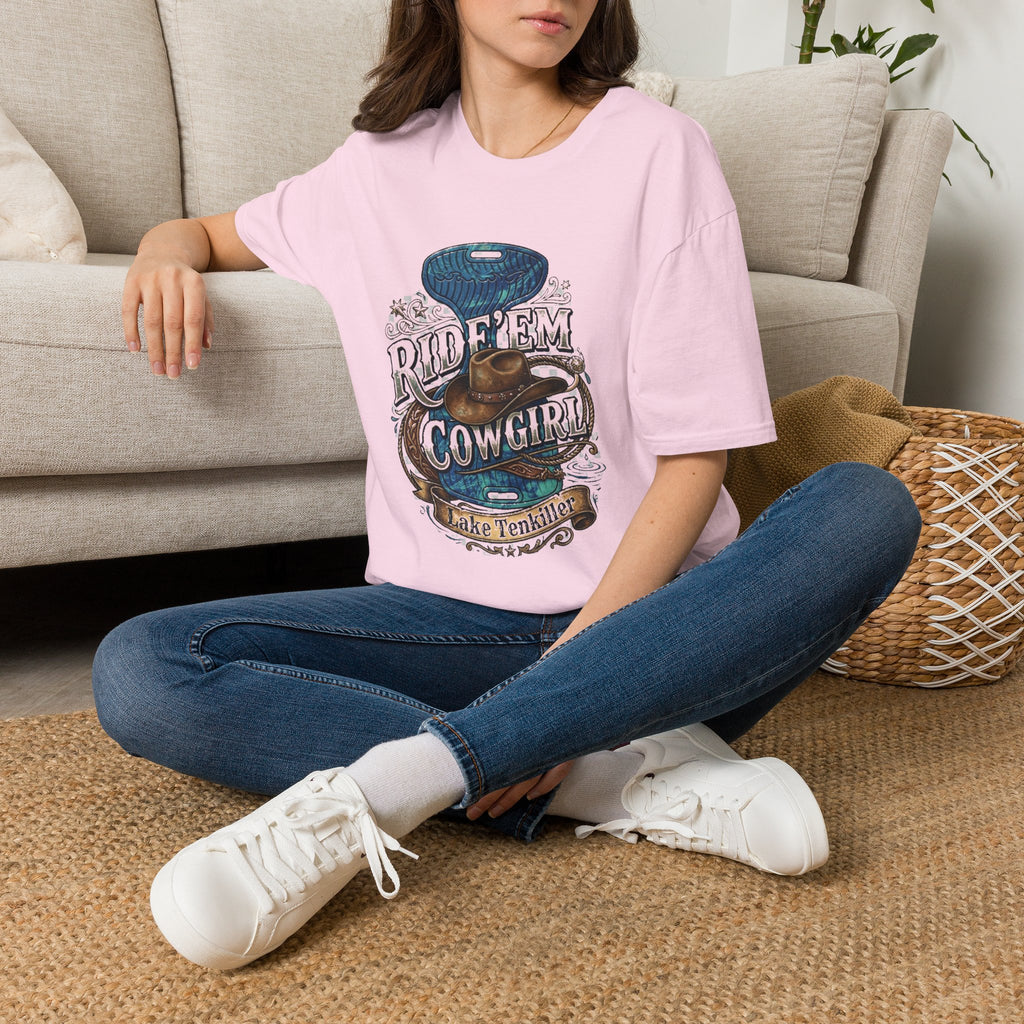 Cowgirl 'Ride 'Em' Water Saddle Graphic T-Shirt — Western Rodeo Cowboy Hat Design