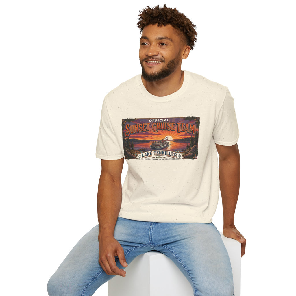 Sunset Cruise Team Lake Tenkiller T-Shirt — Retro Lake Sunset Boat Tee