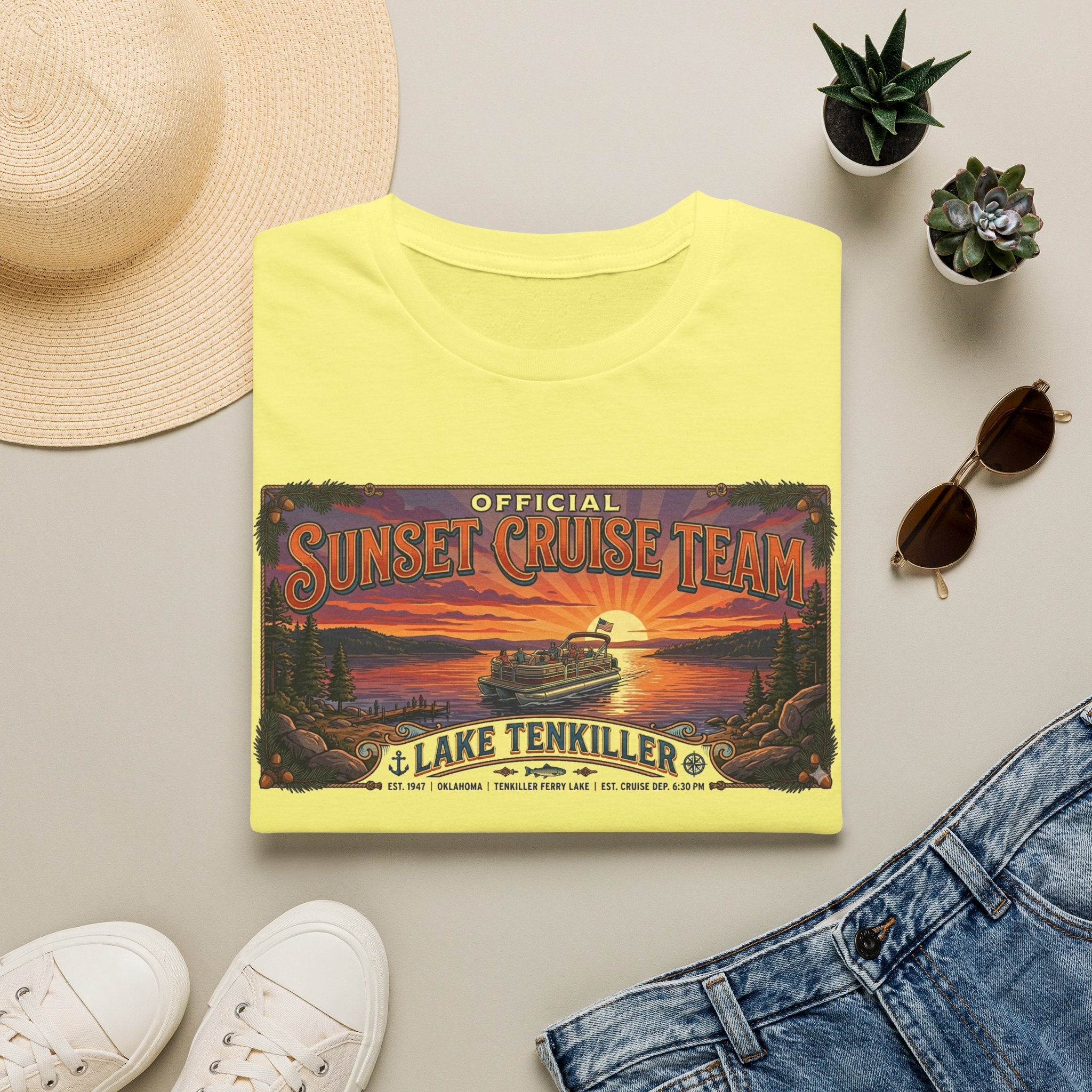 Sunset Cruise Team Lake Tenkiller T-Shirt — Retro Lake Sunset Boat Tee