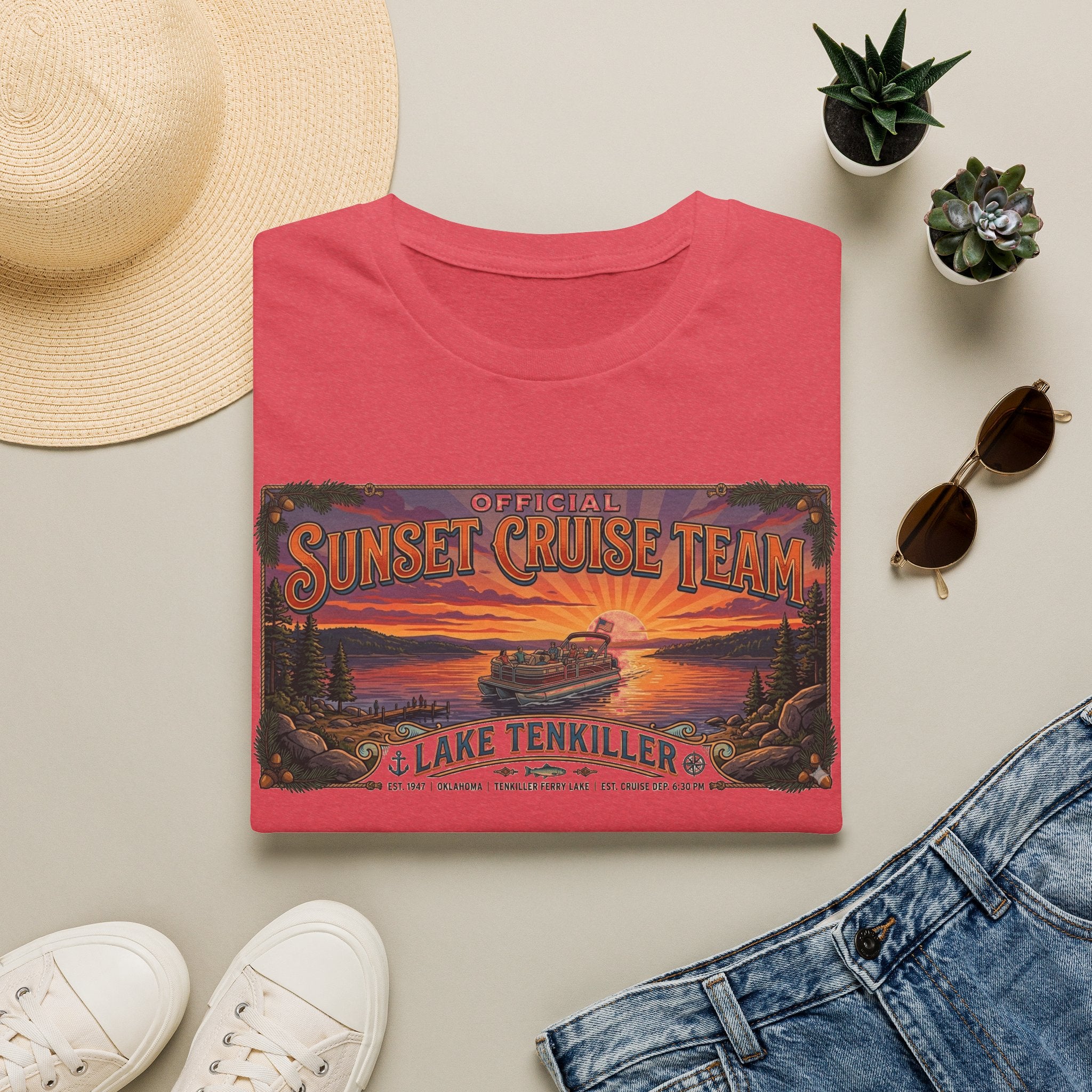 Sunset Cruise Team Lake Tenkiller T-Shirt — Retro Lake Sunset Boat Tee