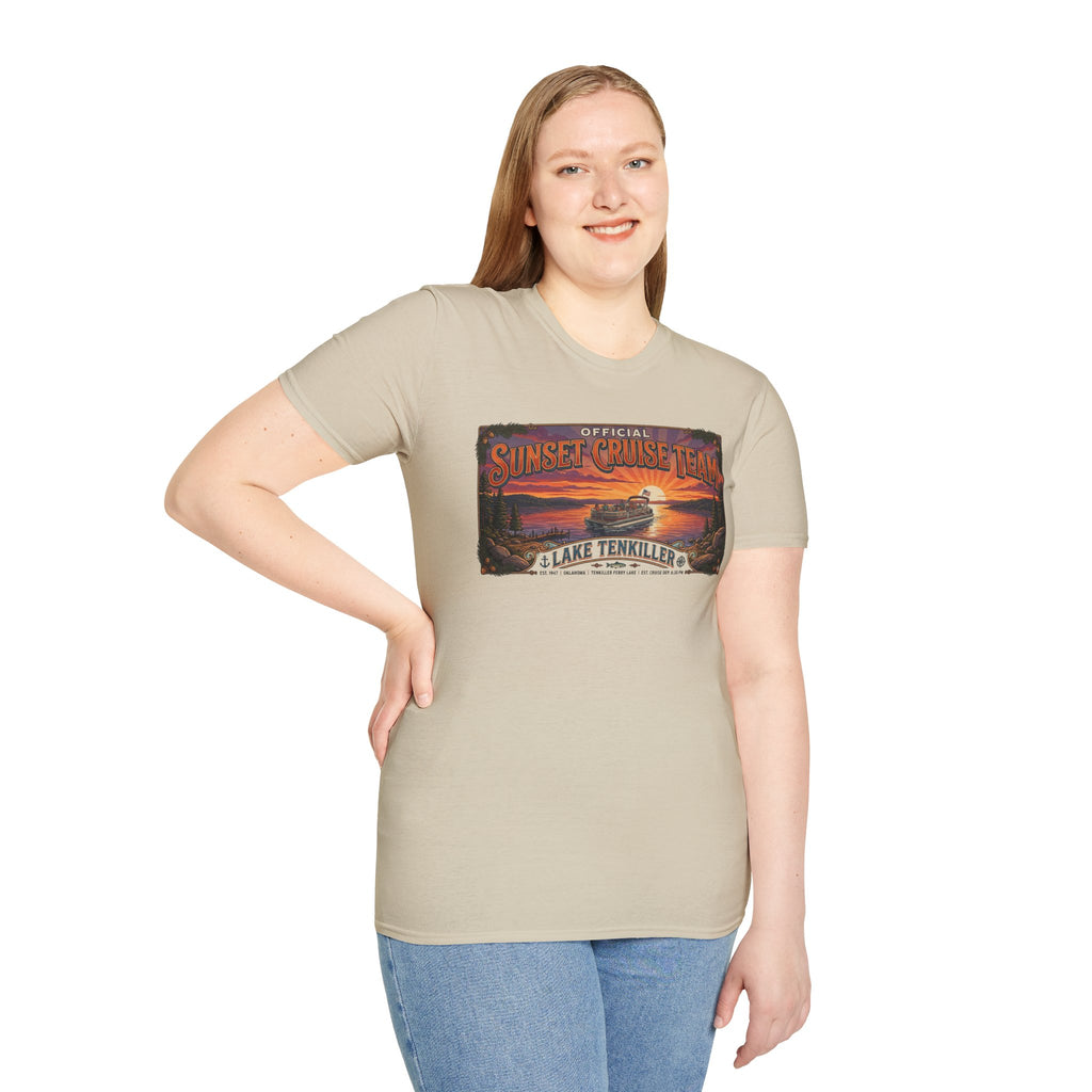 Sunset Cruise Team Lake Tenkiller T-Shirt — Retro Lake Sunset Boat Tee