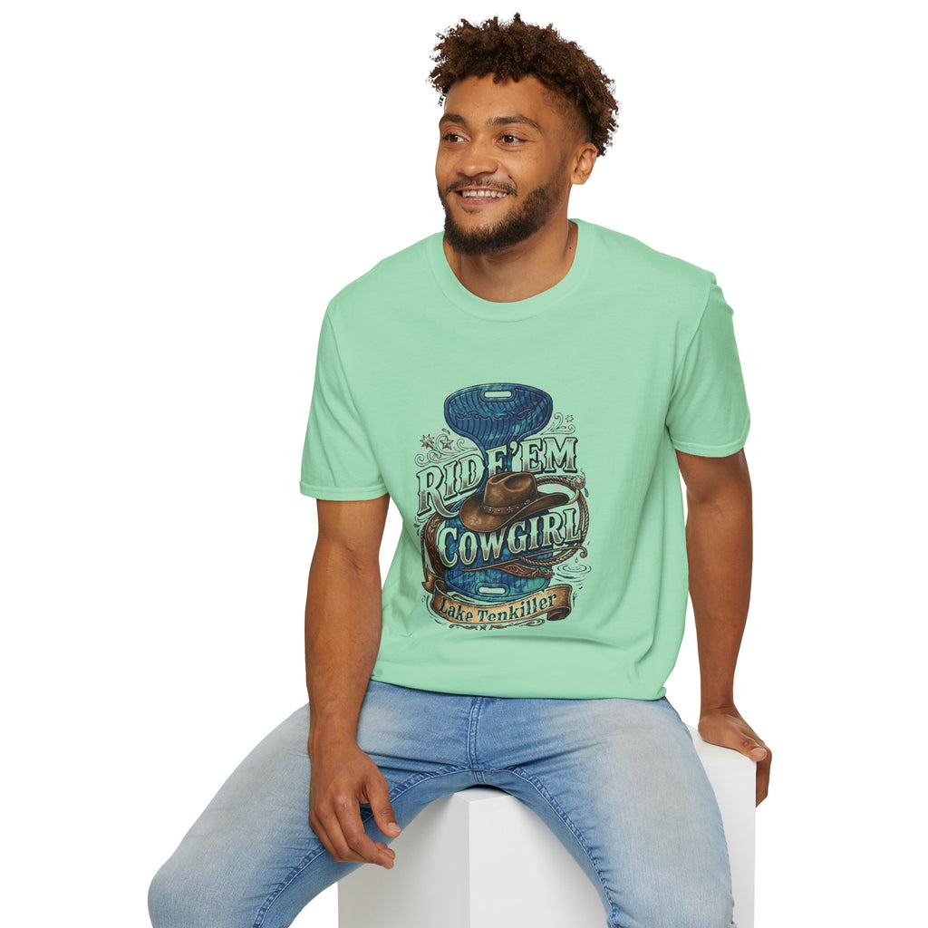Cowgirl 'Ride 'Em' Water Saddle Graphic T-Shirt — Western Rodeo Cowboy Hat Design