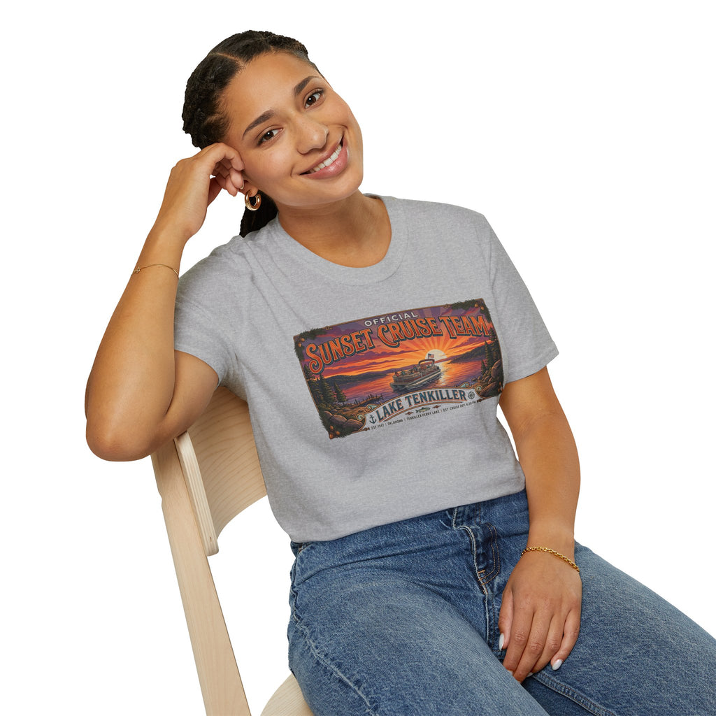 Sunset Cruise Team Lake Tenkiller T-Shirt — Retro Lake Sunset Boat Tee