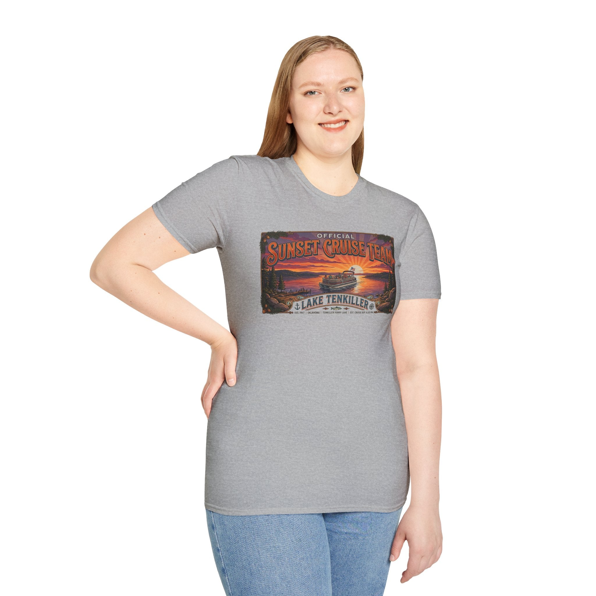 Sunset Cruise Team Lake Tenkiller T-Shirt — Retro Lake Sunset Boat Tee