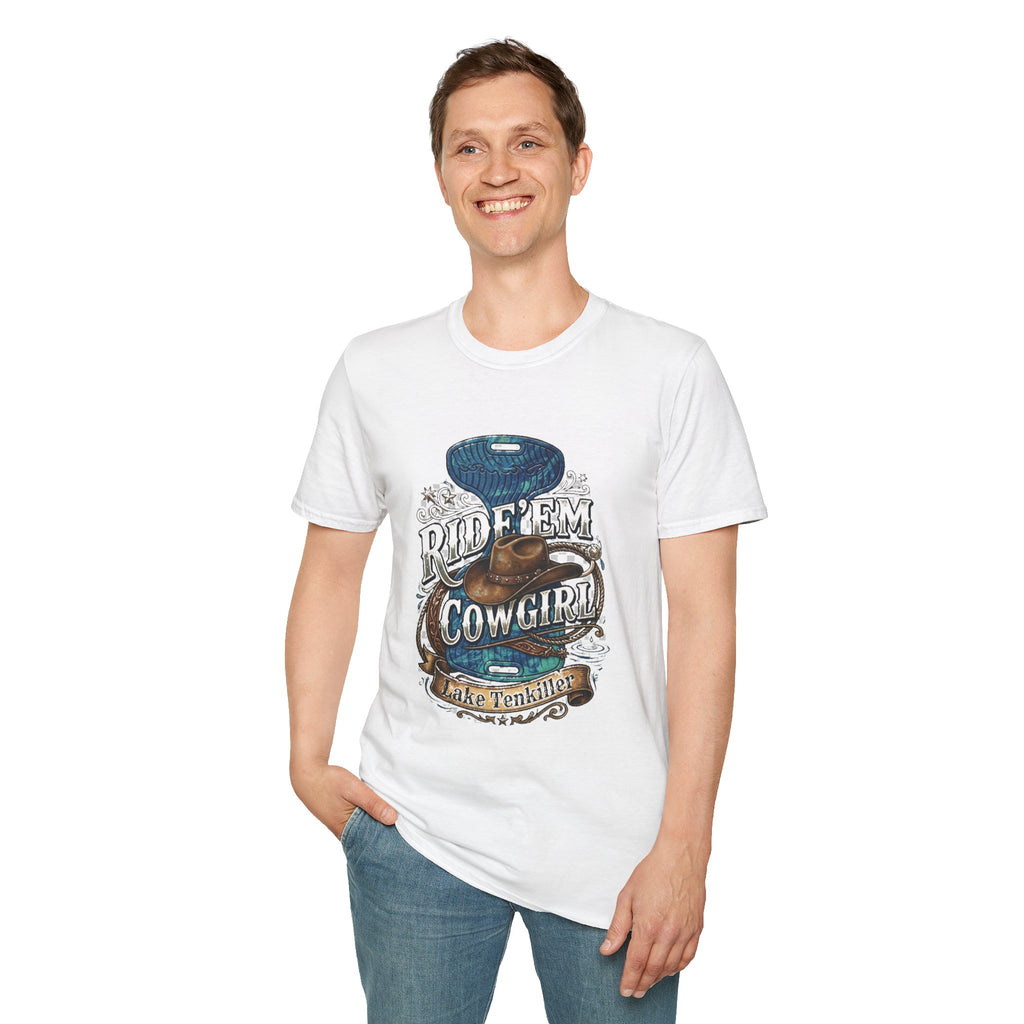Cowgirl 'Ride 'Em' Water Saddle Graphic T-Shirt — Western Rodeo Cowboy Hat Design