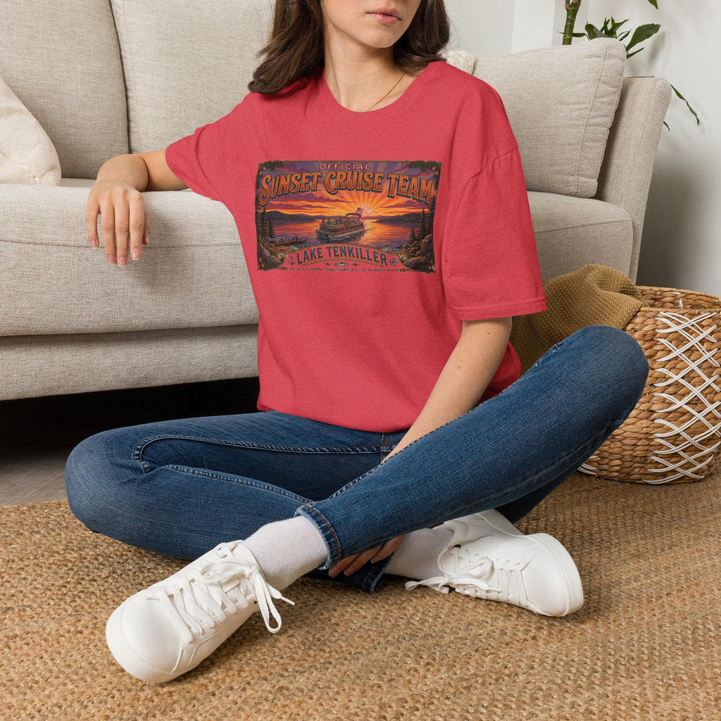 Sunset Cruise Team Lake Tenkiller T-Shirt — Retro Lake Sunset Boat Tee