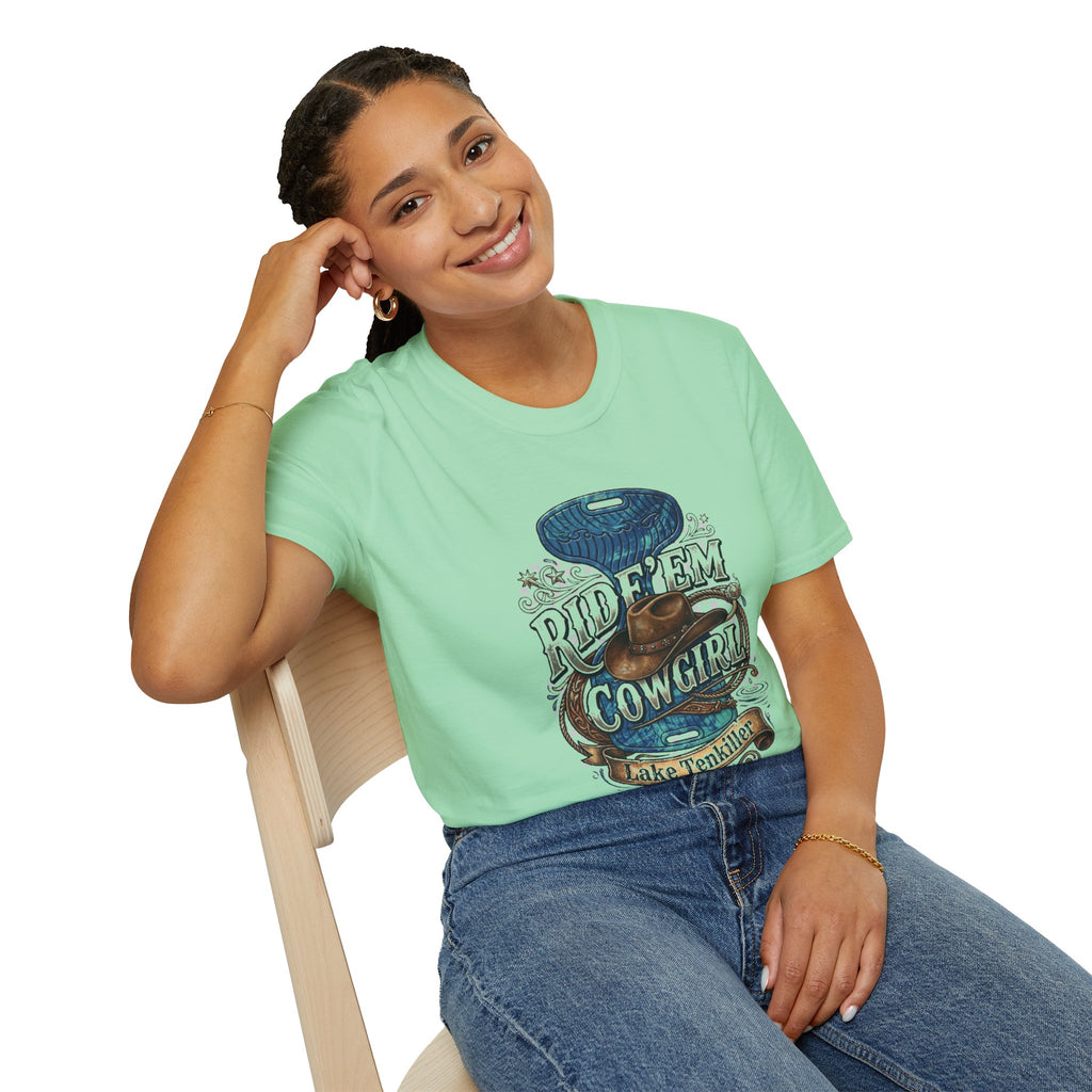 Cowgirl 'Ride 'Em' Water Saddle Graphic T-Shirt — Western Rodeo Cowboy Hat Design