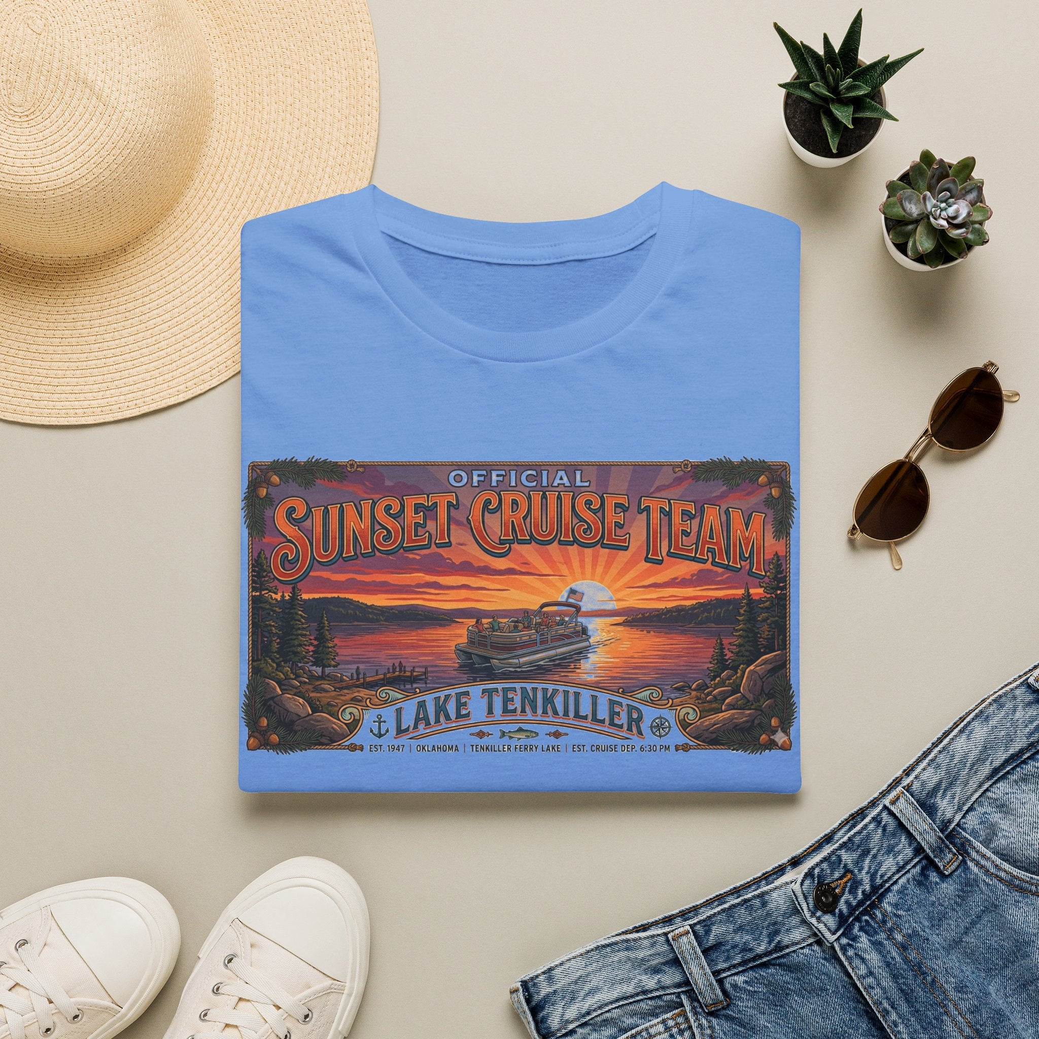 Sunset Cruise Team Lake Tenkiller T-Shirt — Retro Lake Sunset Boat Tee