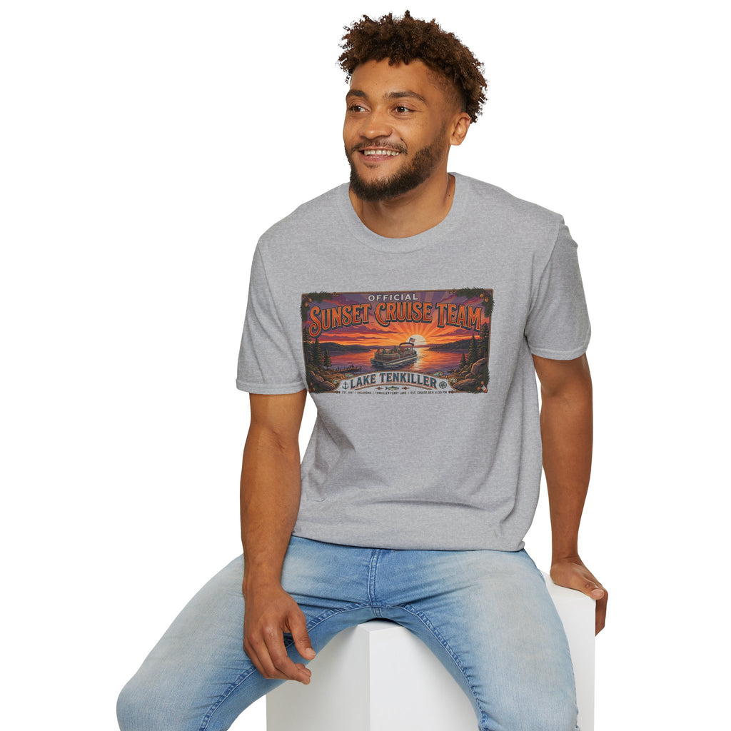 Sunset Cruise Team Lake Tenkiller T-Shirt — Retro Lake Sunset Boat Tee