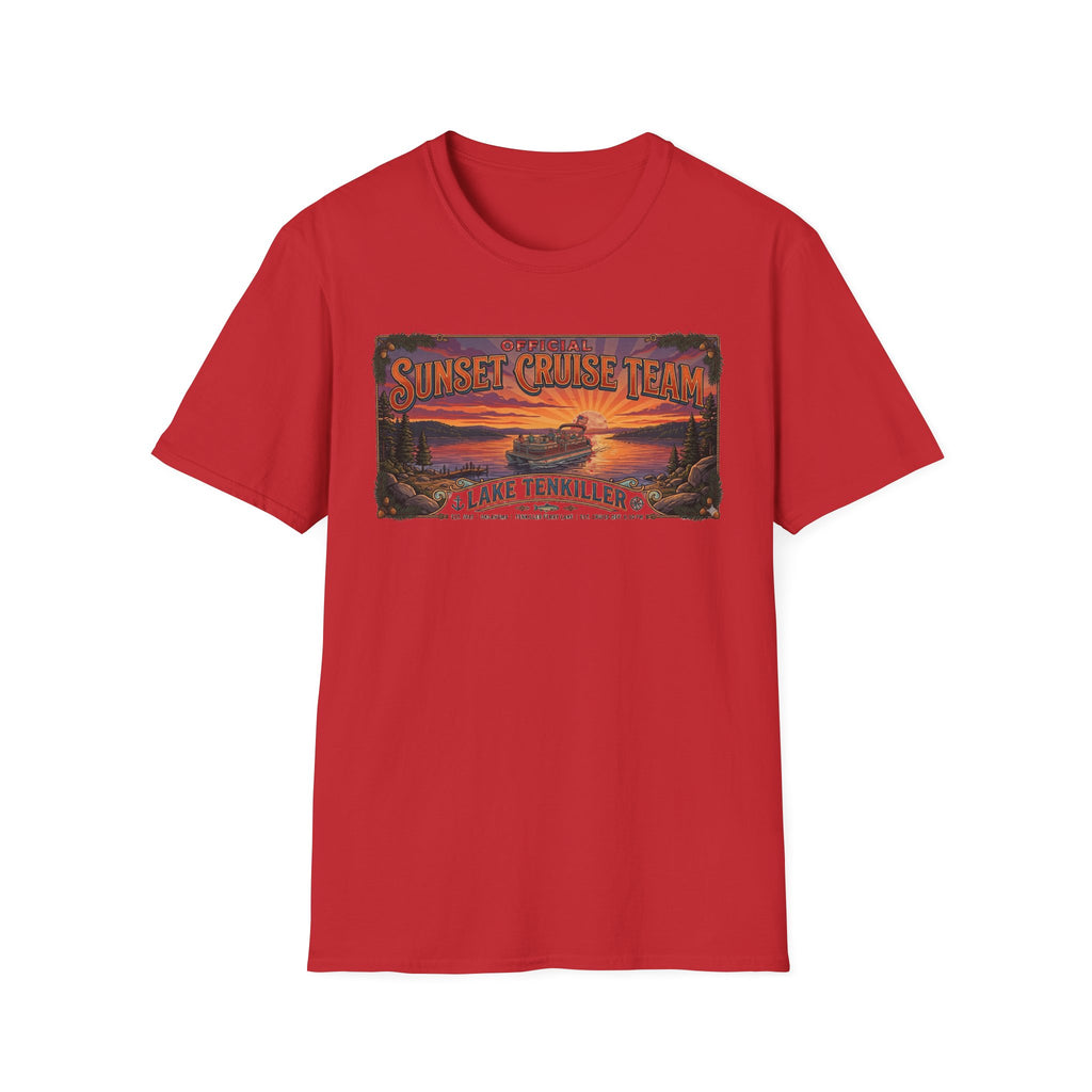 Sunset Cruise Team Lake Tenkiller T-Shirt — Retro Lake Sunset Boat Tee