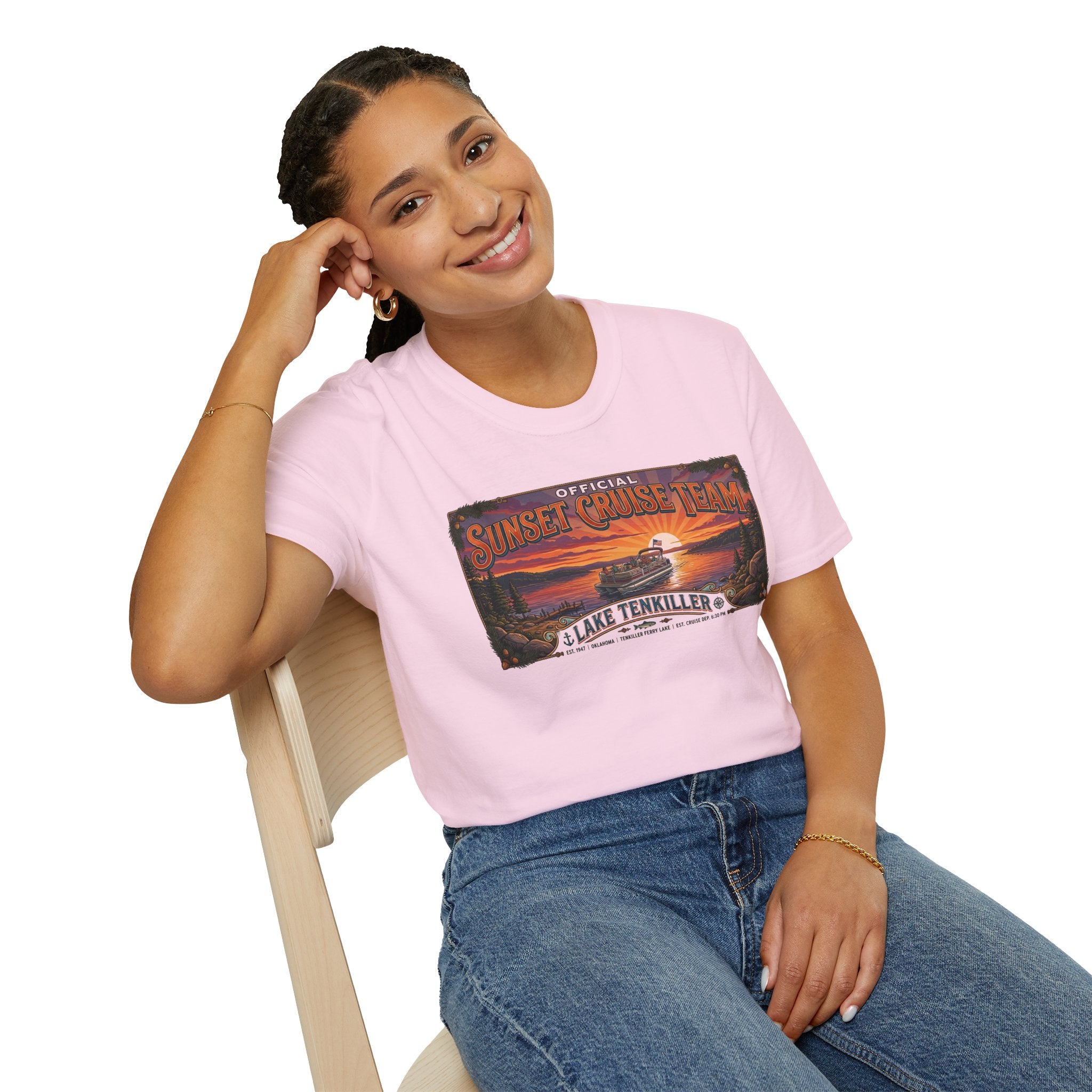 Sunset Cruise Team Lake Tenkiller T-Shirt — Retro Lake Sunset Boat Tee