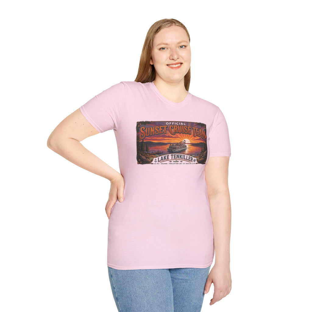 Sunset Cruise Team Lake Tenkiller T-Shirt — Retro Lake Sunset Boat Tee