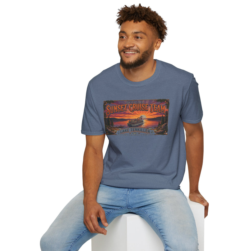 Sunset Cruise Team Lake Tenkiller T-Shirt — Retro Lake Sunset Boat Tee