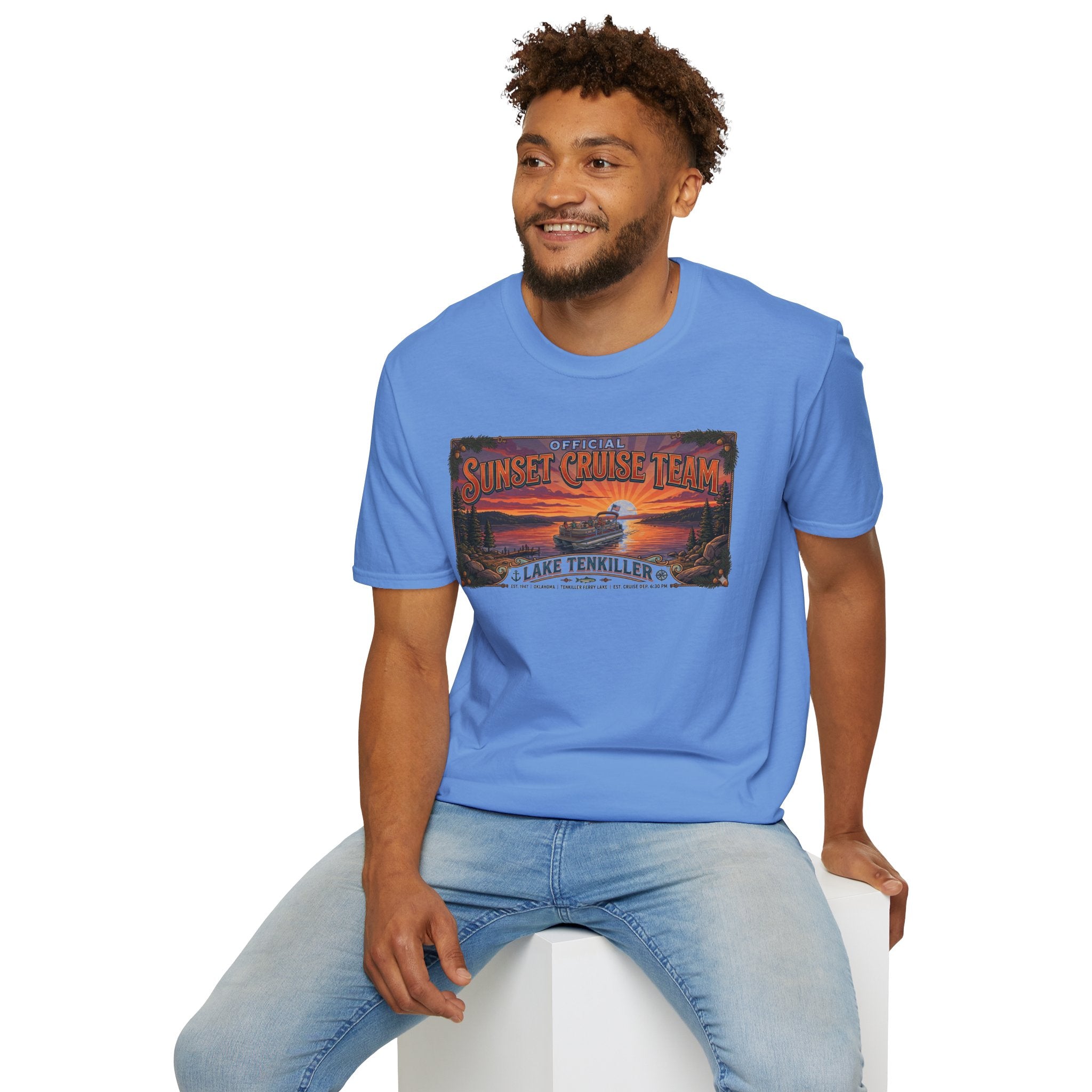 Sunset Cruise Team Lake Tenkiller T-Shirt — Retro Lake Sunset Boat Tee