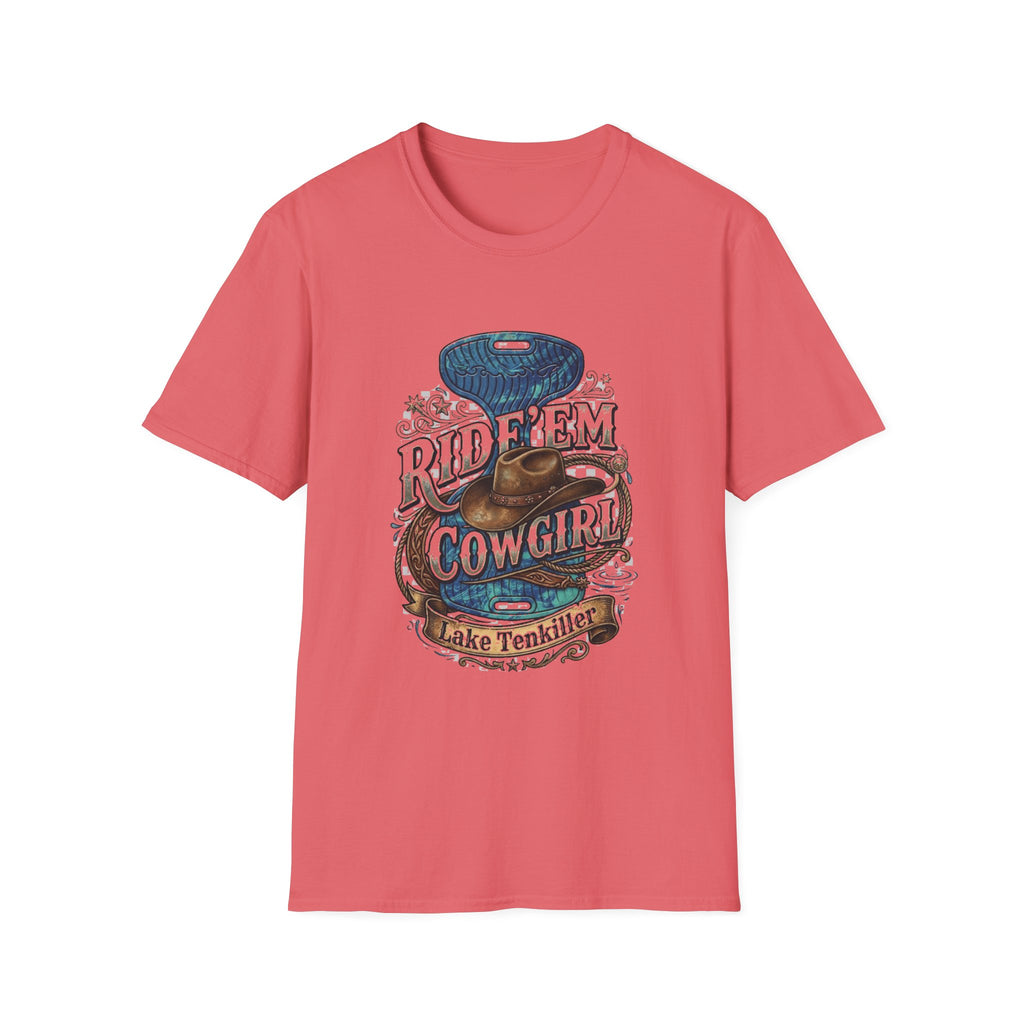 Cowgirl 'Ride 'Em' Water Saddle Graphic T-Shirt — Western Rodeo Cowboy Hat Design