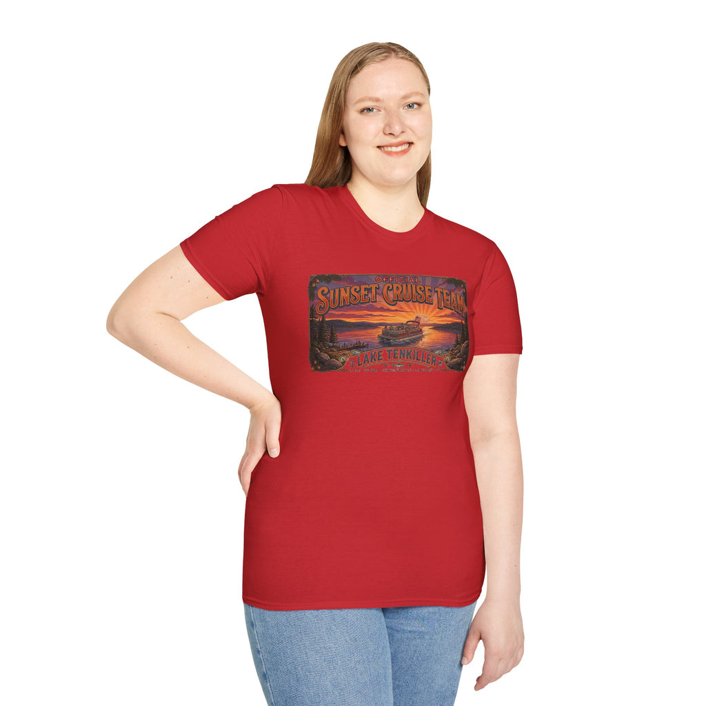 Sunset Cruise Team Lake Tenkiller T-Shirt — Retro Lake Sunset Boat Tee