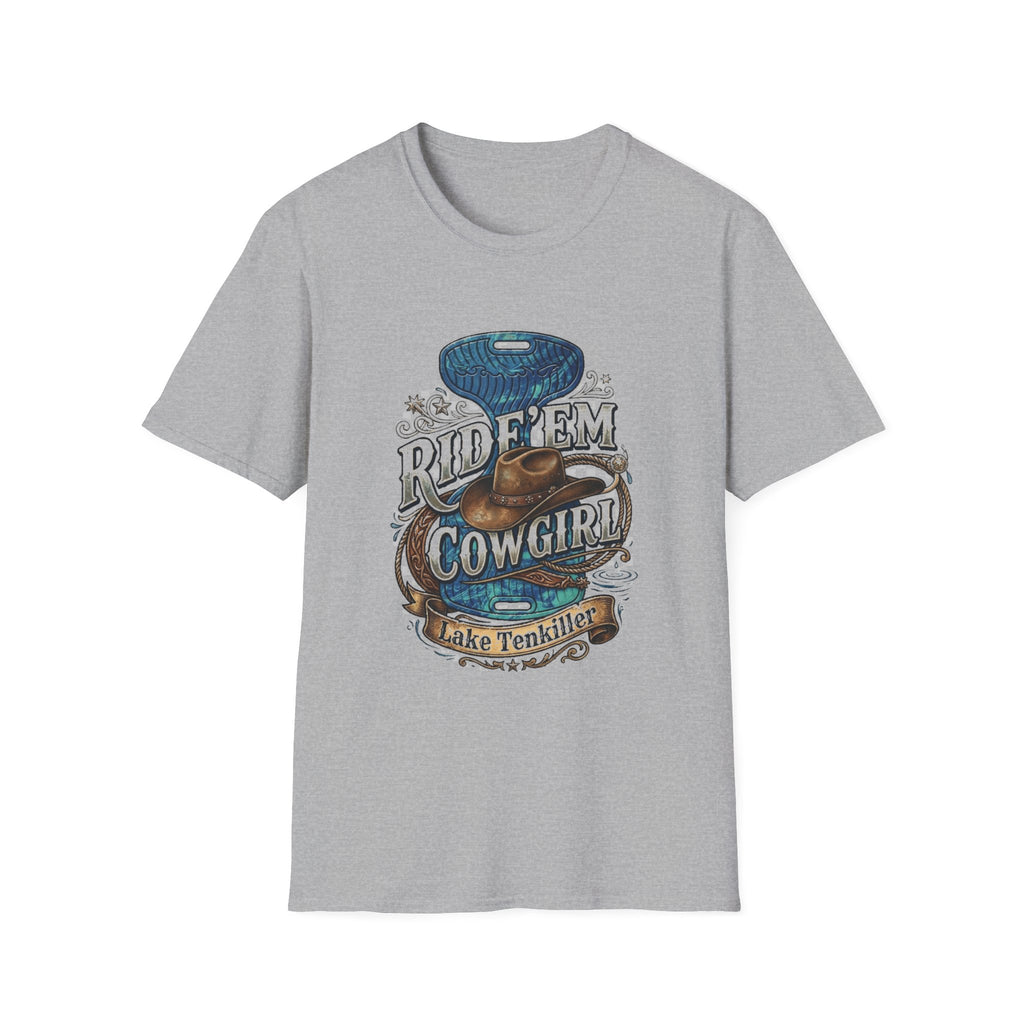 Cowgirl 'Ride 'Em' Water Saddle Graphic T-Shirt — Western Rodeo Cowboy Hat Design