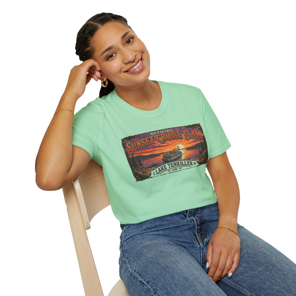 Sunset Cruise Team Lake Tenkiller T-Shirt — Retro Lake Sunset Boat Tee