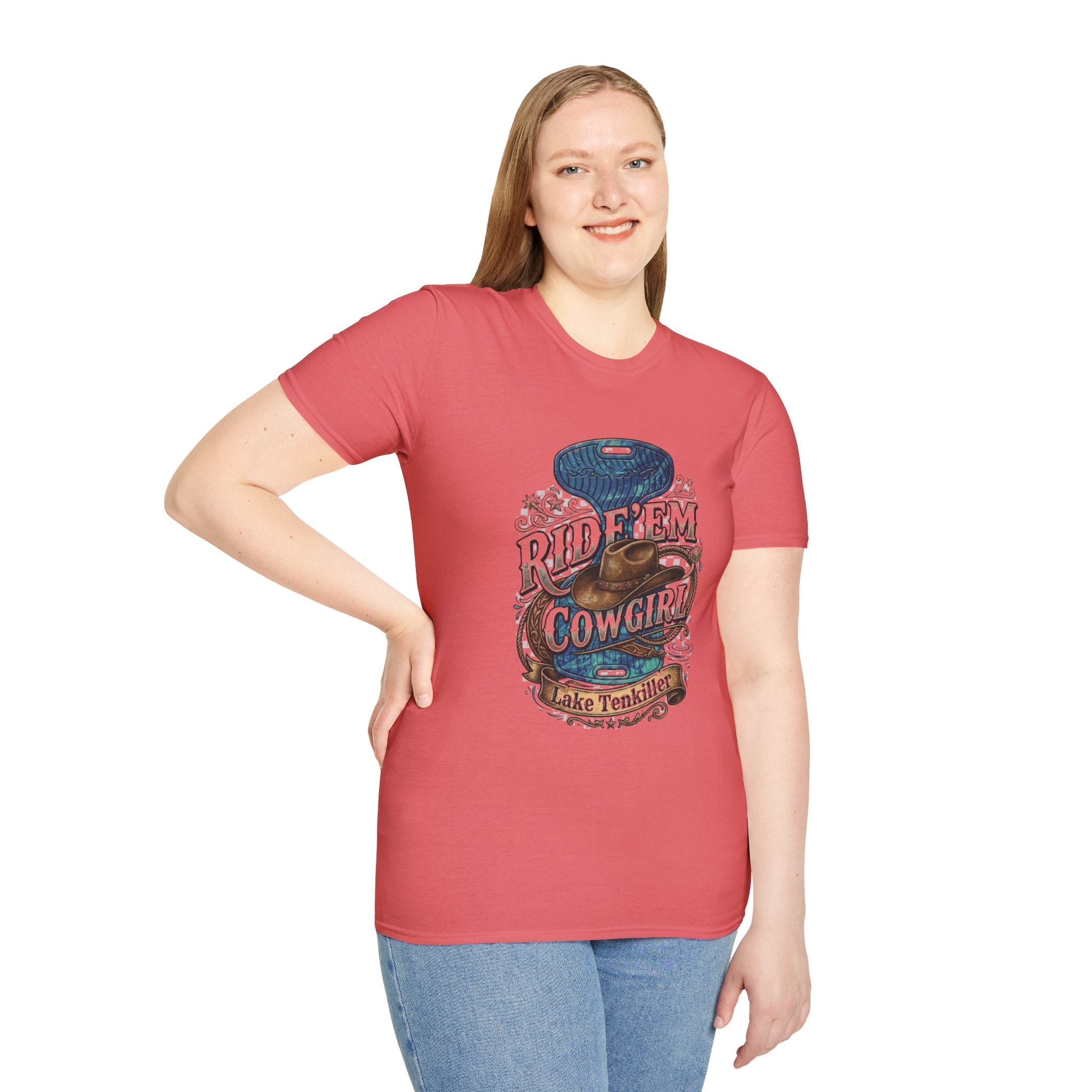 Cowgirl 'Ride 'Em' Water Saddle Graphic T-Shirt — Western Rodeo Cowboy Hat Design