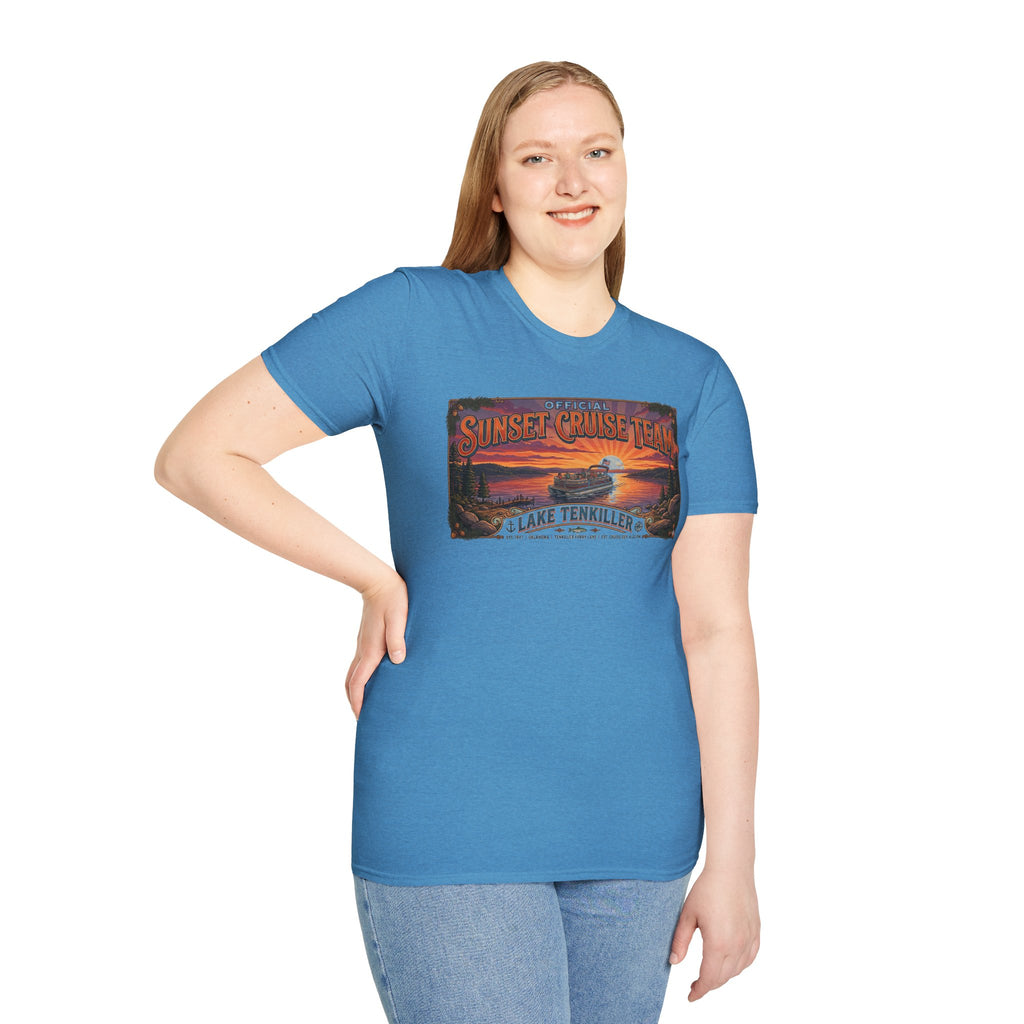 Sunset Cruise Team Lake Tenkiller T-Shirt — Retro Lake Sunset Boat Tee