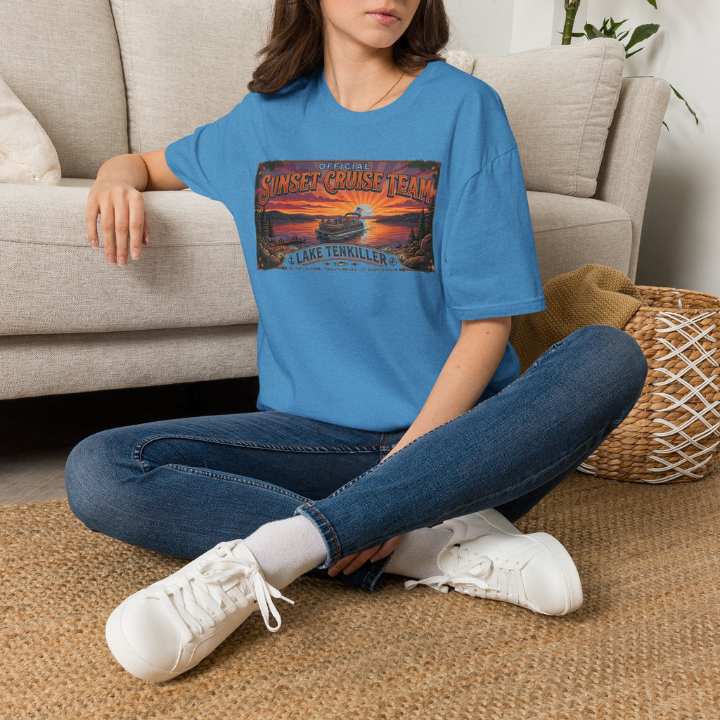 Sunset Cruise Team Lake Tenkiller T-Shirt — Retro Lake Sunset Boat Tee