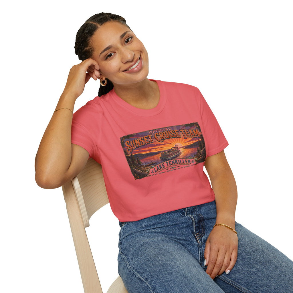 Sunset Cruise Team Lake Tenkiller T-Shirt — Retro Lake Sunset Boat Tee