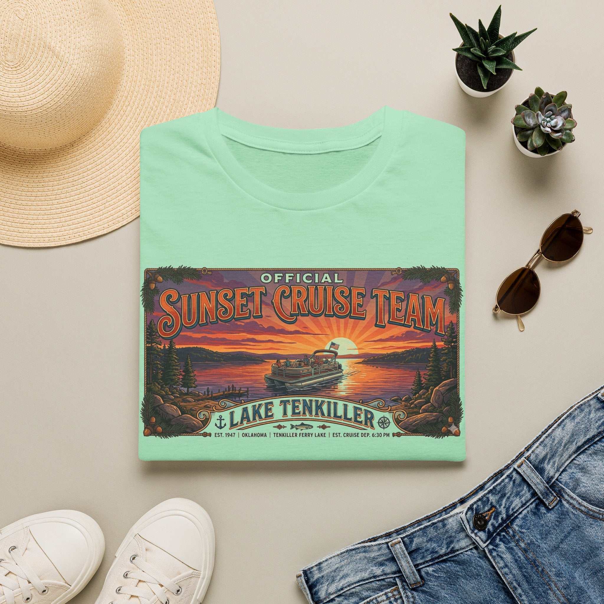 Sunset Cruise Team Lake Tenkiller T-Shirt — Retro Lake Sunset Boat Tee