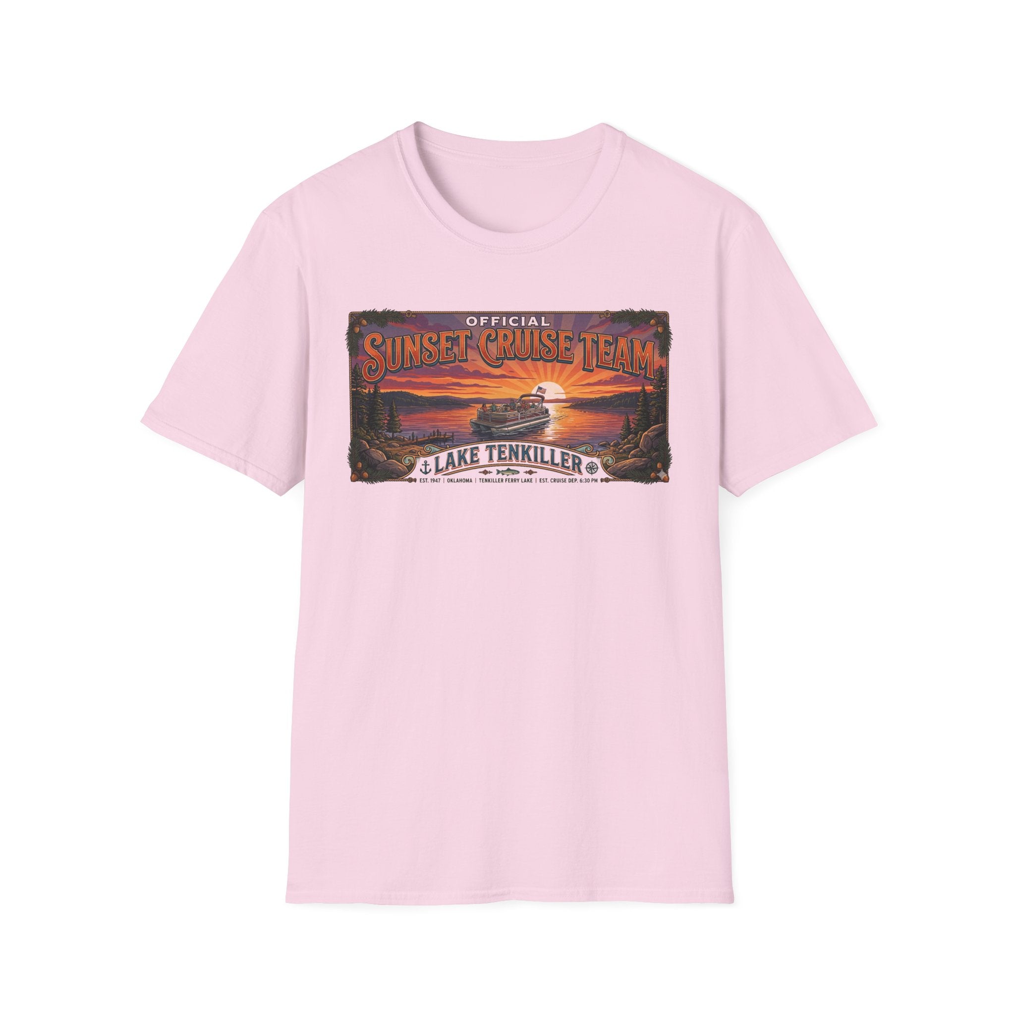 Sunset Cruise Team Lake Tenkiller T-Shirt — Retro Lake Sunset Boat Tee