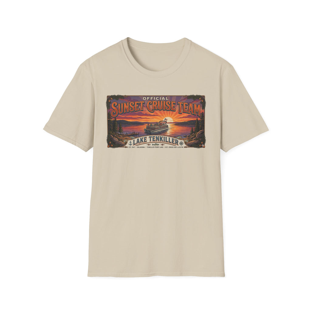 Sunset Cruise Team Lake Tenkiller T-Shirt — Retro Lake Sunset Boat Tee