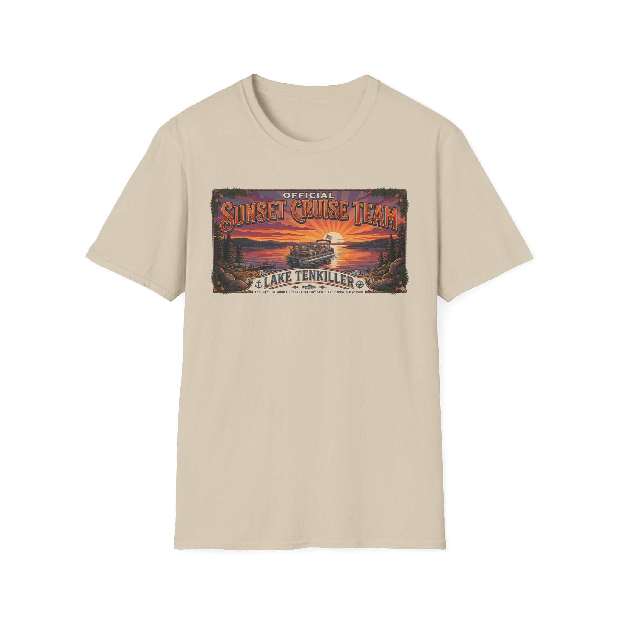 Sunset Cruise Team Lake Tenkiller T-Shirt — Retro Lake Sunset Boat Tee