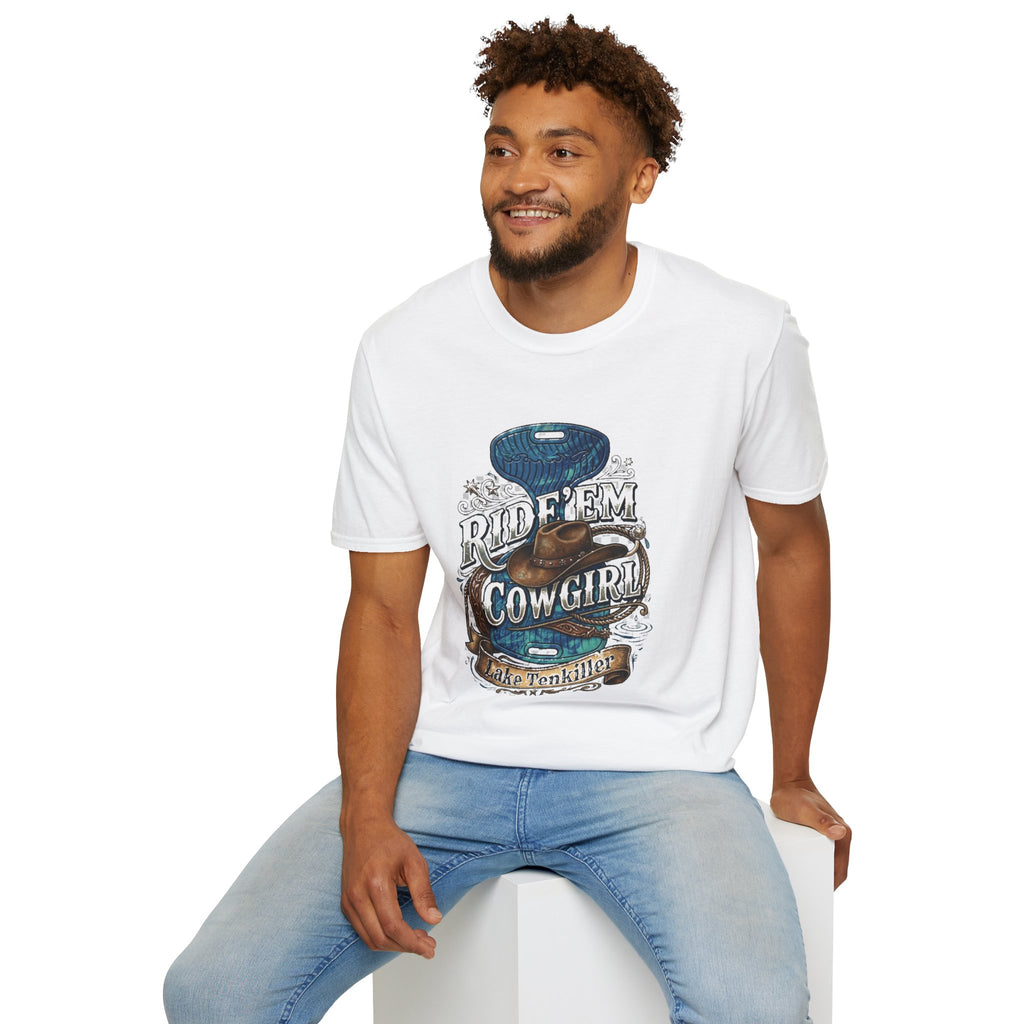 Cowgirl 'Ride 'Em' Water Saddle Graphic T-Shirt — Western Rodeo Cowboy Hat Design