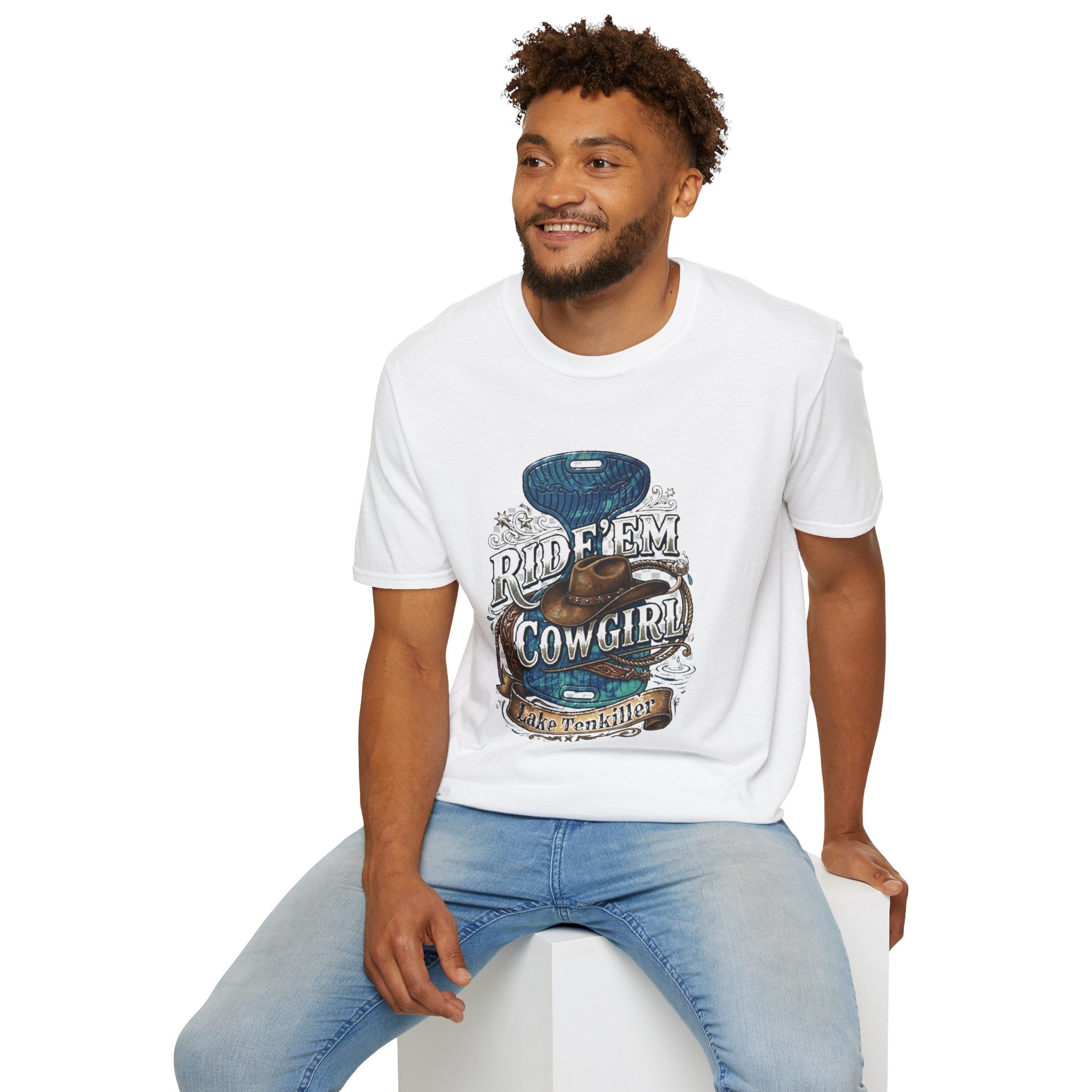 Cowgirl 'Ride 'Em' Water Saddle Graphic T-Shirt — Western Rodeo Cowboy Hat Design