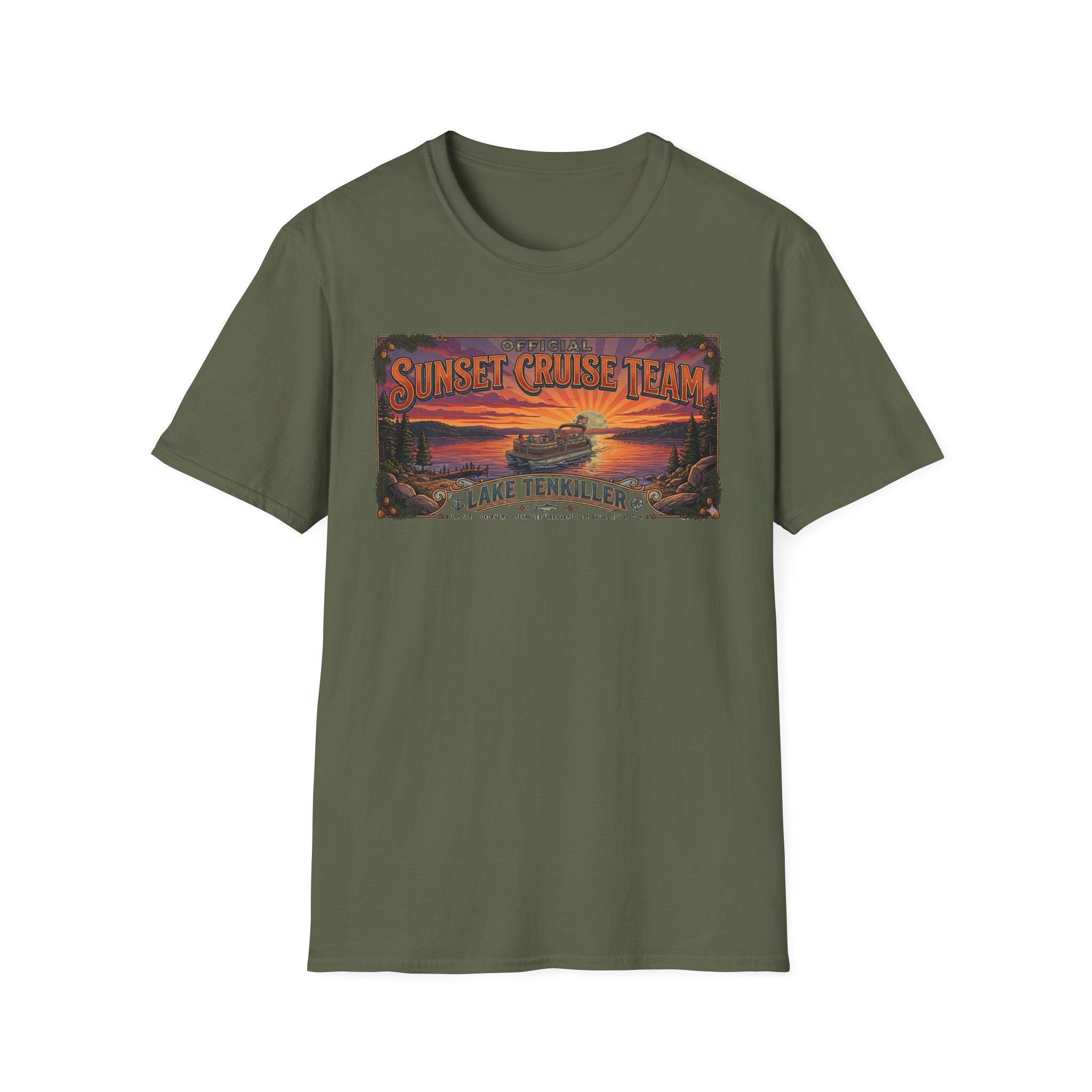 Sunset Cruise Team Lake Tenkiller T-Shirt — Retro Lake Sunset Boat Tee