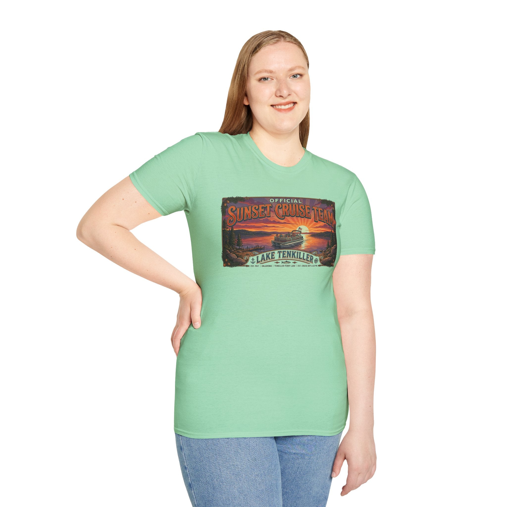 Sunset Cruise Team Lake Tenkiller T-Shirt — Retro Lake Sunset Boat Tee