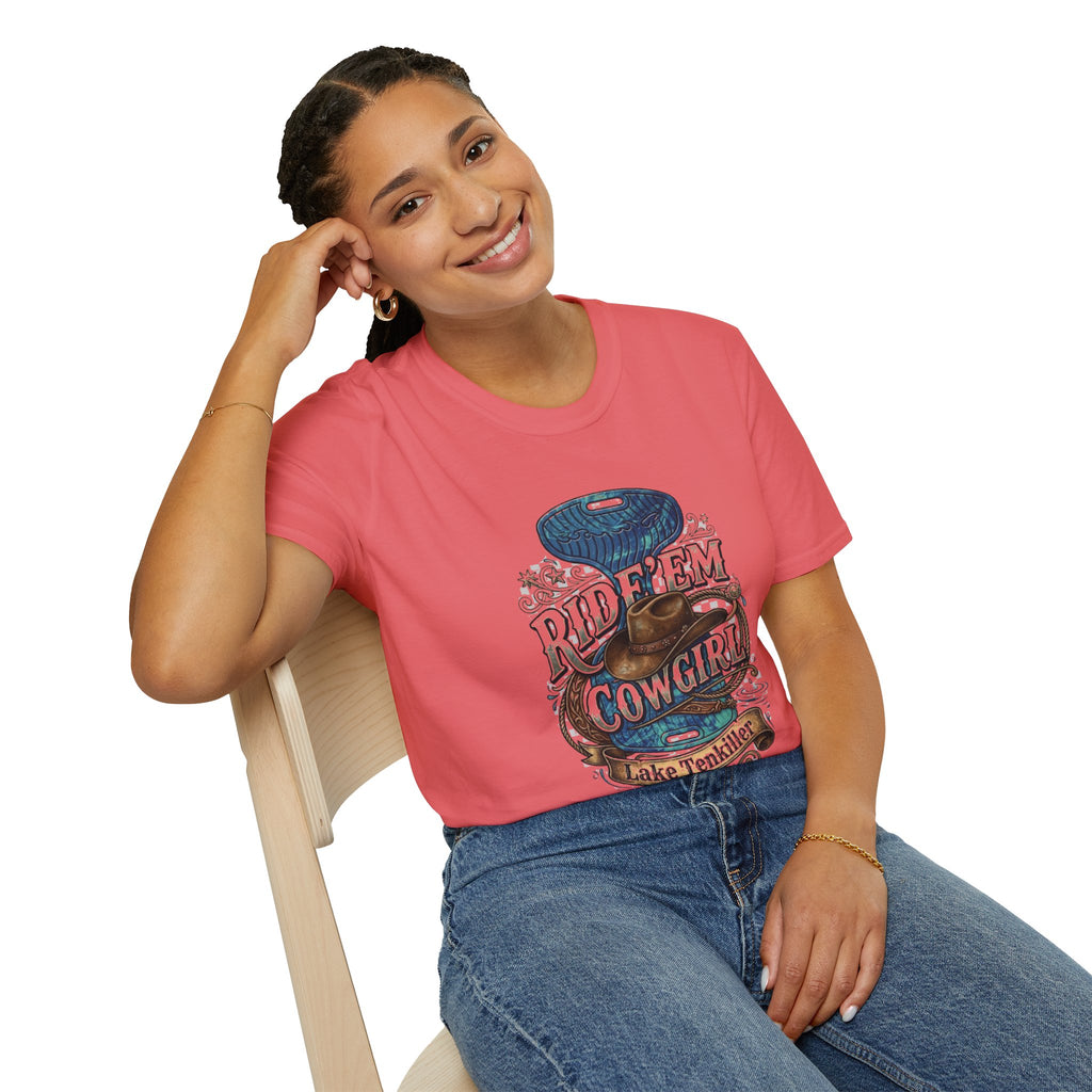 Cowgirl 'Ride 'Em' Water Saddle Graphic T-Shirt — Western Rodeo Cowboy Hat Design