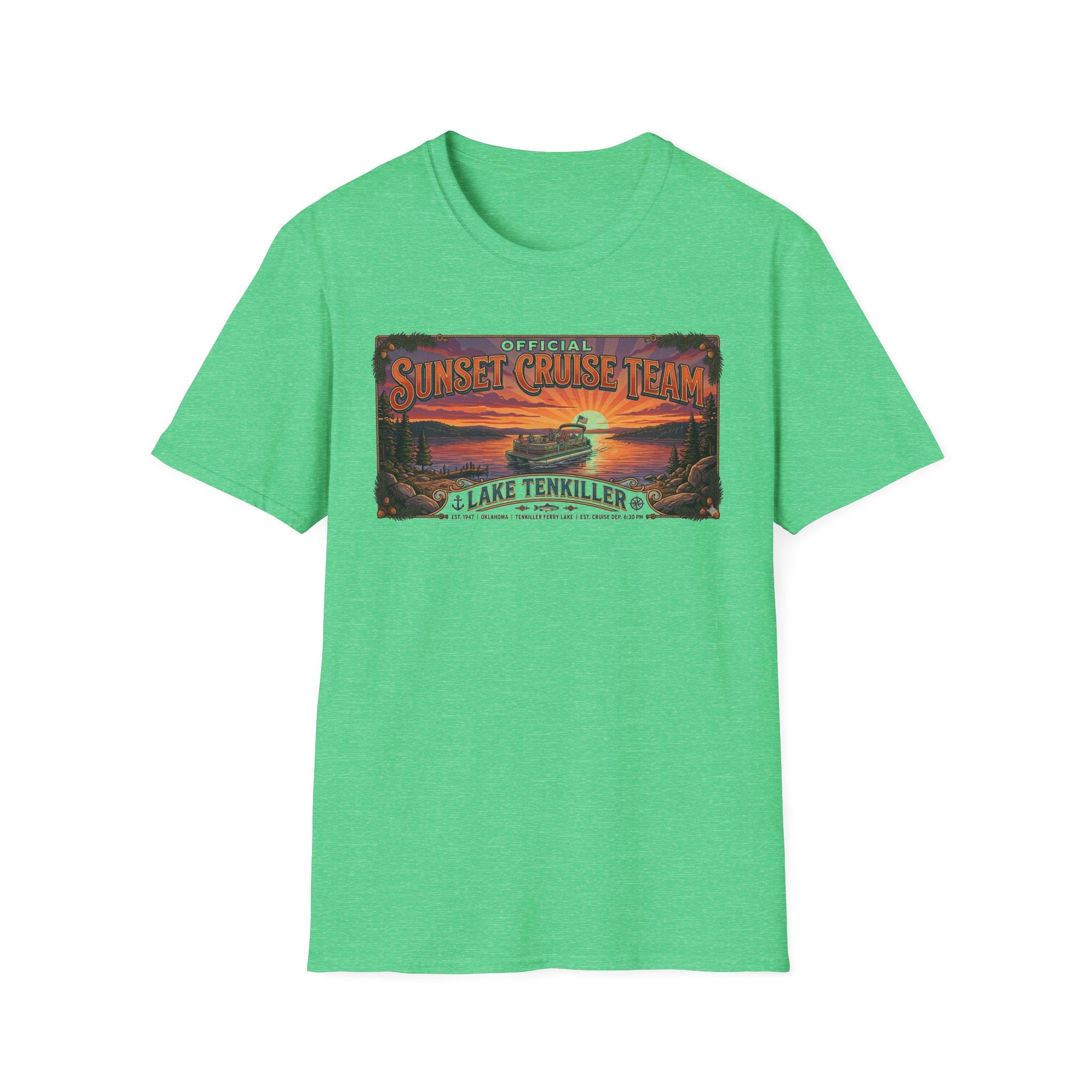 Sunset Cruise Team Lake Tenkiller T-Shirt — Retro Lake Sunset Boat Tee