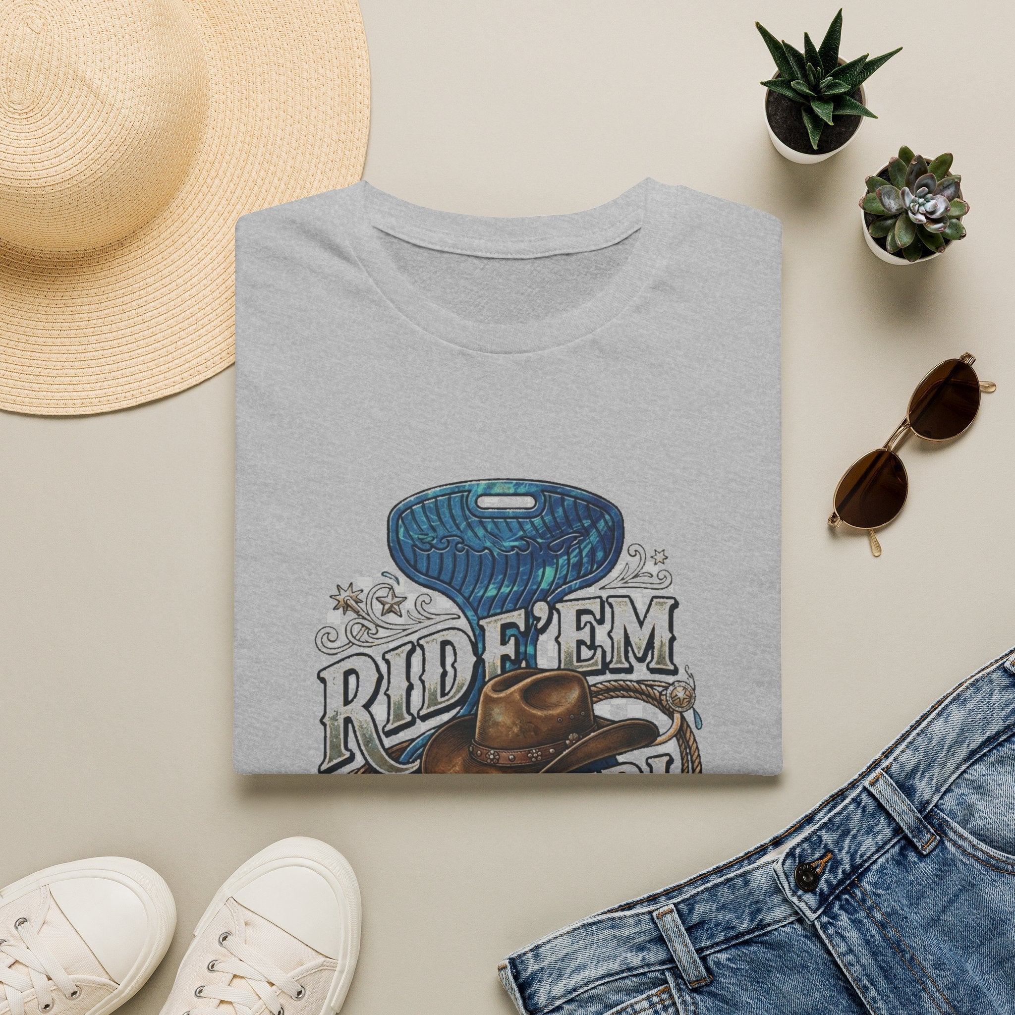 Cowgirl 'Ride 'Em' Water Saddle Graphic T-Shirt — Western Rodeo Cowboy Hat Design