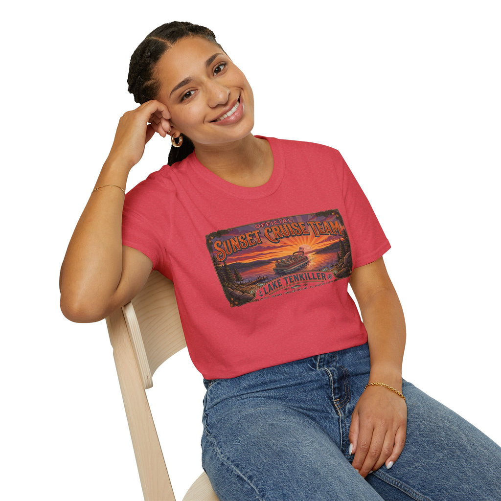 Sunset Cruise Team Lake Tenkiller T-Shirt — Retro Lake Sunset Boat Tee